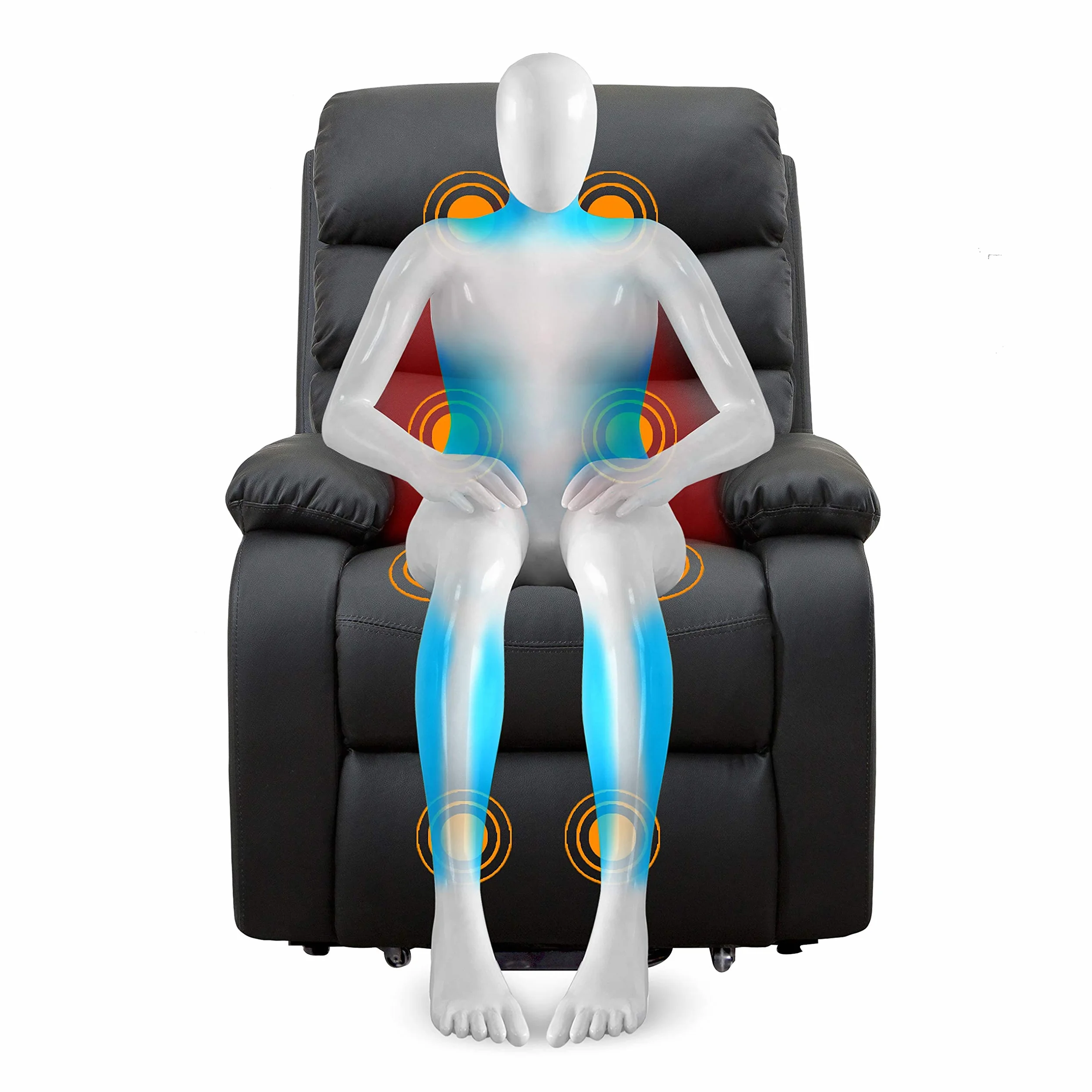 Sillón Relax Masaje Extra Acolchado Negro Reclinable 5 Modos Calor Lumbar 8 Motores Mando Control 4 Zonas Masaje Polipiel