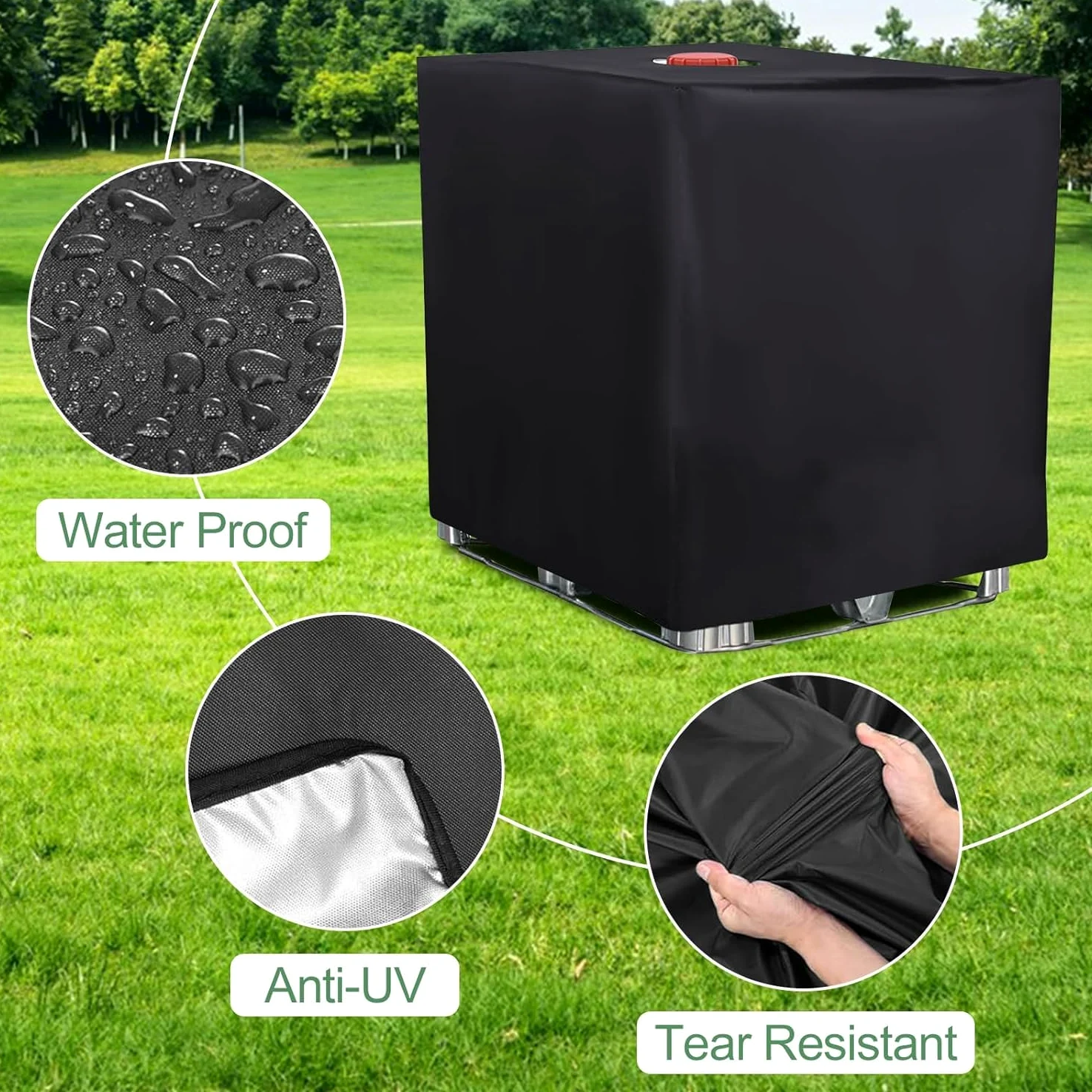 IBC - Cubierta de tanque impermeable 420D Oxford tela para depósito de agua de lluvia para tanques IBC de 300 L, 600 L, 800 L, 1000 L, dimensiones: 120 x 80 x 116 cm