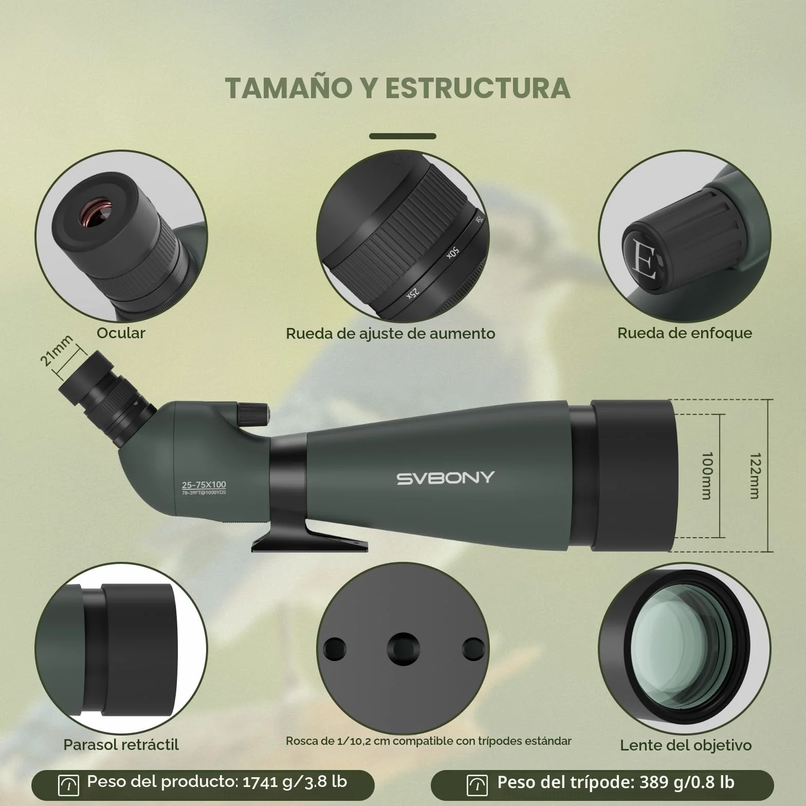 Svbony SV28 25-75x100mm Telescopio Terrestre con Trípode, Gran Campo de Visión Imágenes Claras y Brillantes, HD Bak4 FMC Telescopio Terrestre con Adaptador, para Tiro al Blanco, Observación de Aves