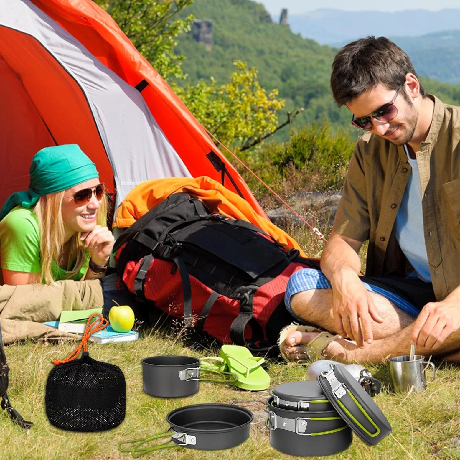 Olla Para Camping De Cocinar Sartenes y Planchas Antiadherentes | Equipo para Camping y Acampada para Excursionismo, Aire Libre, Picnic y Cocina para 2 a 3 Personas