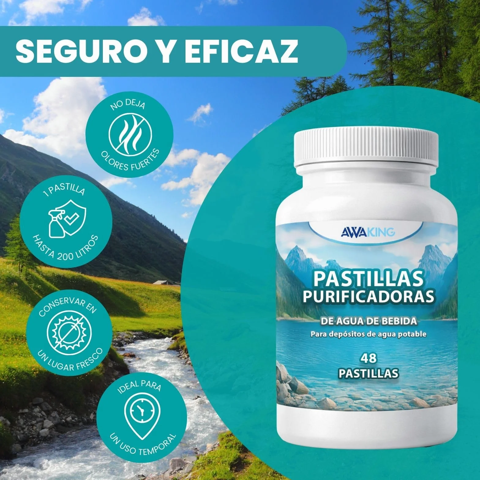 AWAKING Pastillas Potabilizadoras de Agua 48 uds | Tratamiento hasta 9600 Litros | 200L por Pastilla | Ideal para Depósitos, Bidones, Caravanas y Emergencias.