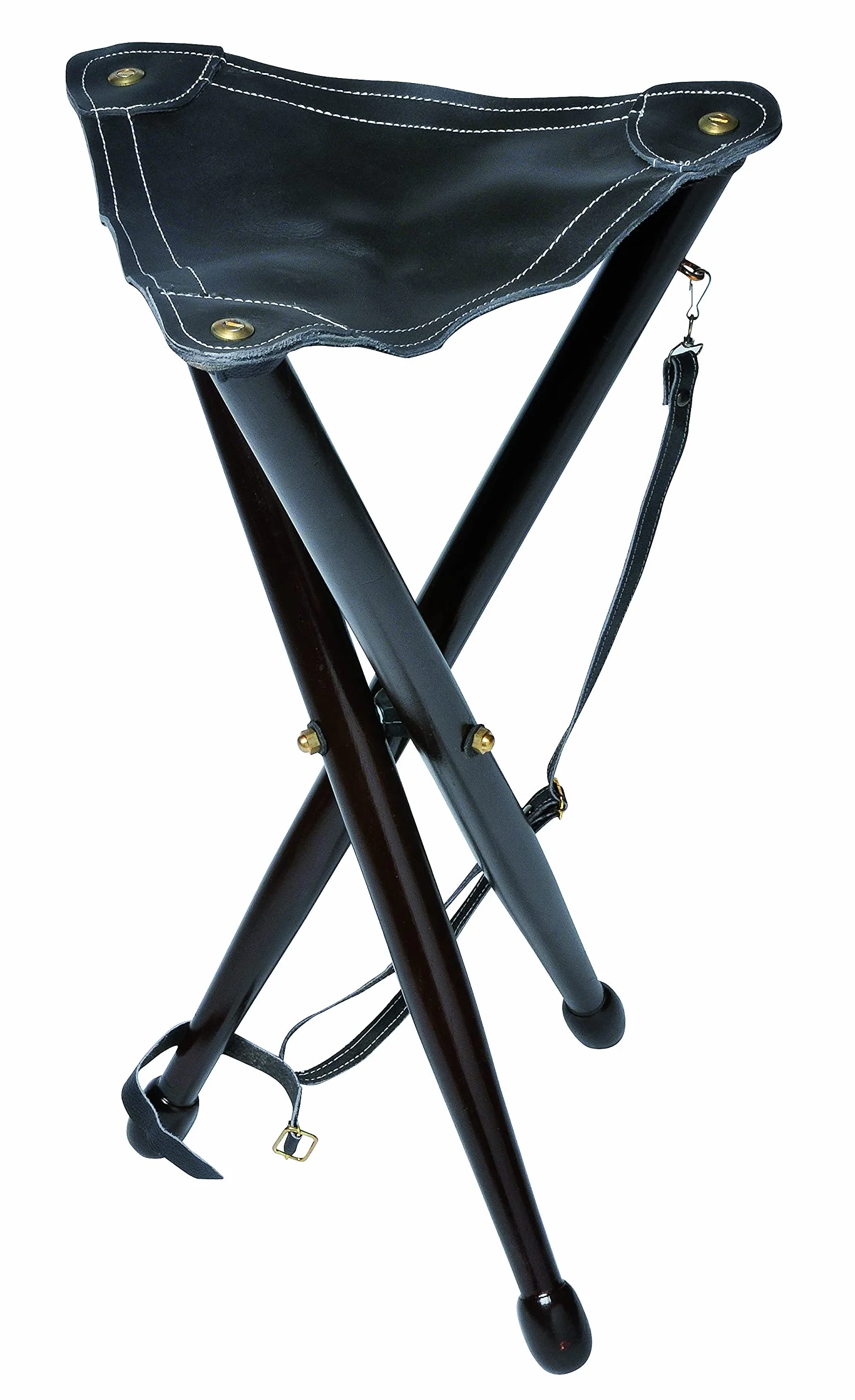 Januel – Asiento trípode para hatier – Patas de Madera – Asiento de Piel – Altura 65 cm – para ocios Naturaleza, Exterior, Camping, Caza, Pesca, Bushcraft – marrón – con Tirantes – Sólido y Duradero