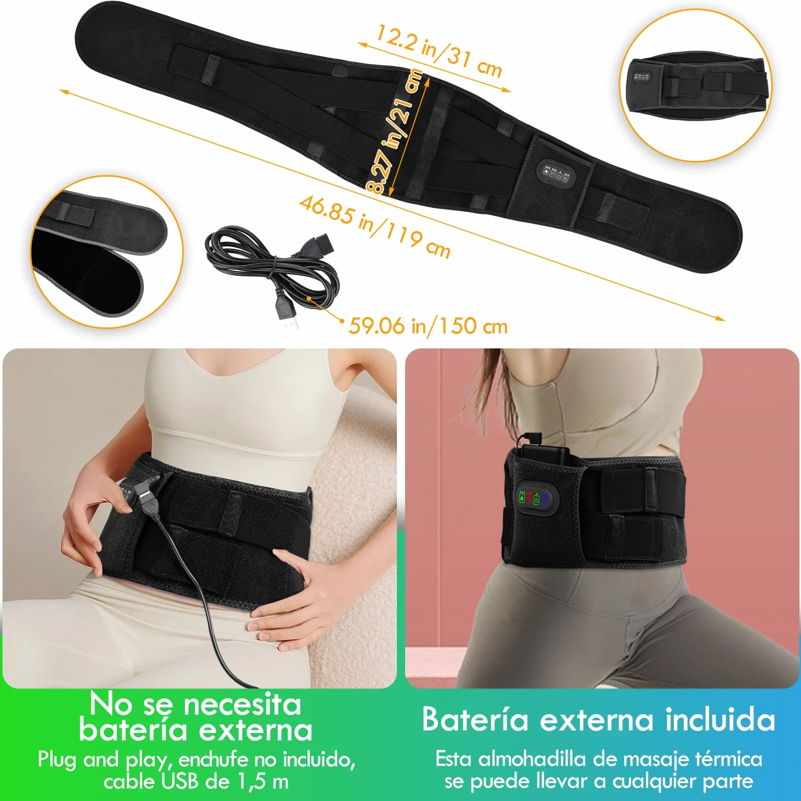 Almohadilla Eléctrica Lumbar, 16000mAh Manta Eléctrica Para Cintura Inalámbrica con 3 Modos De Calefacción Rápida y Masaje, Apagado Automático, para Espalda, Cuello, Hombros y Vientre (Negro)