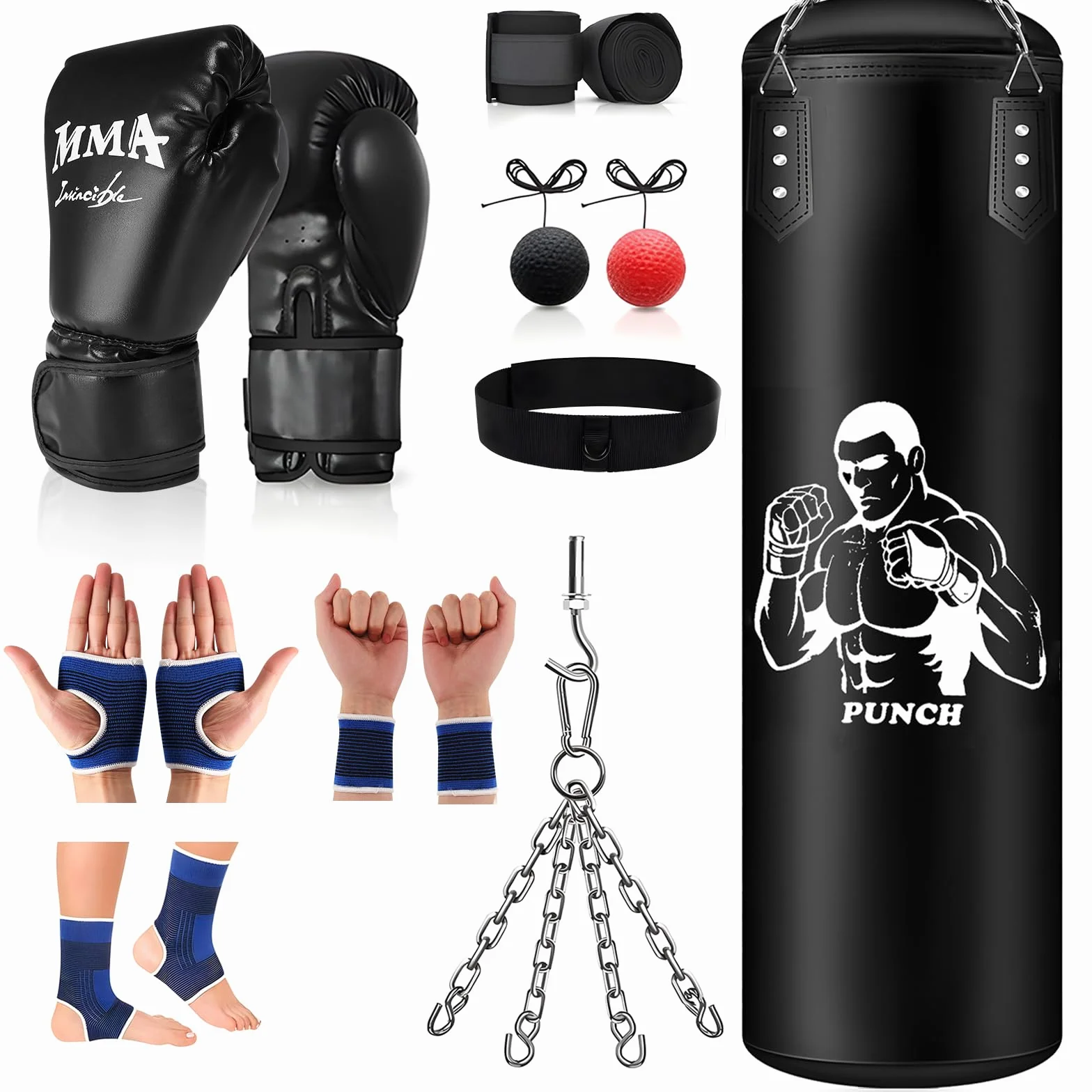 Saco de boxeo colgante para saco de boxeo sin relleno de pera de boxeo Muay Thai, juego con guantes de boxeo, cadena, ganchos de techo para adultos, jóvenes, niños, kickboxing, muay tailandés, karate