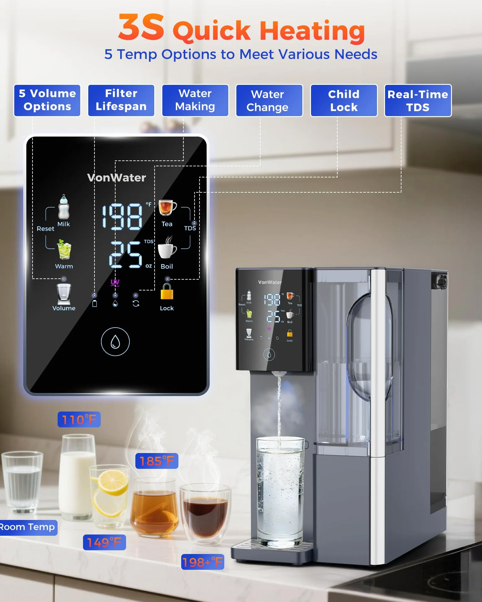 CT910H Encimera de filtro de agua de ósmosis inversa, sistema de filtración de agua caliente instantánea 3S, purificador de agua de 7 etapas con jarra extraíble, NSF/ANSI 372, reduce TDS PFAS