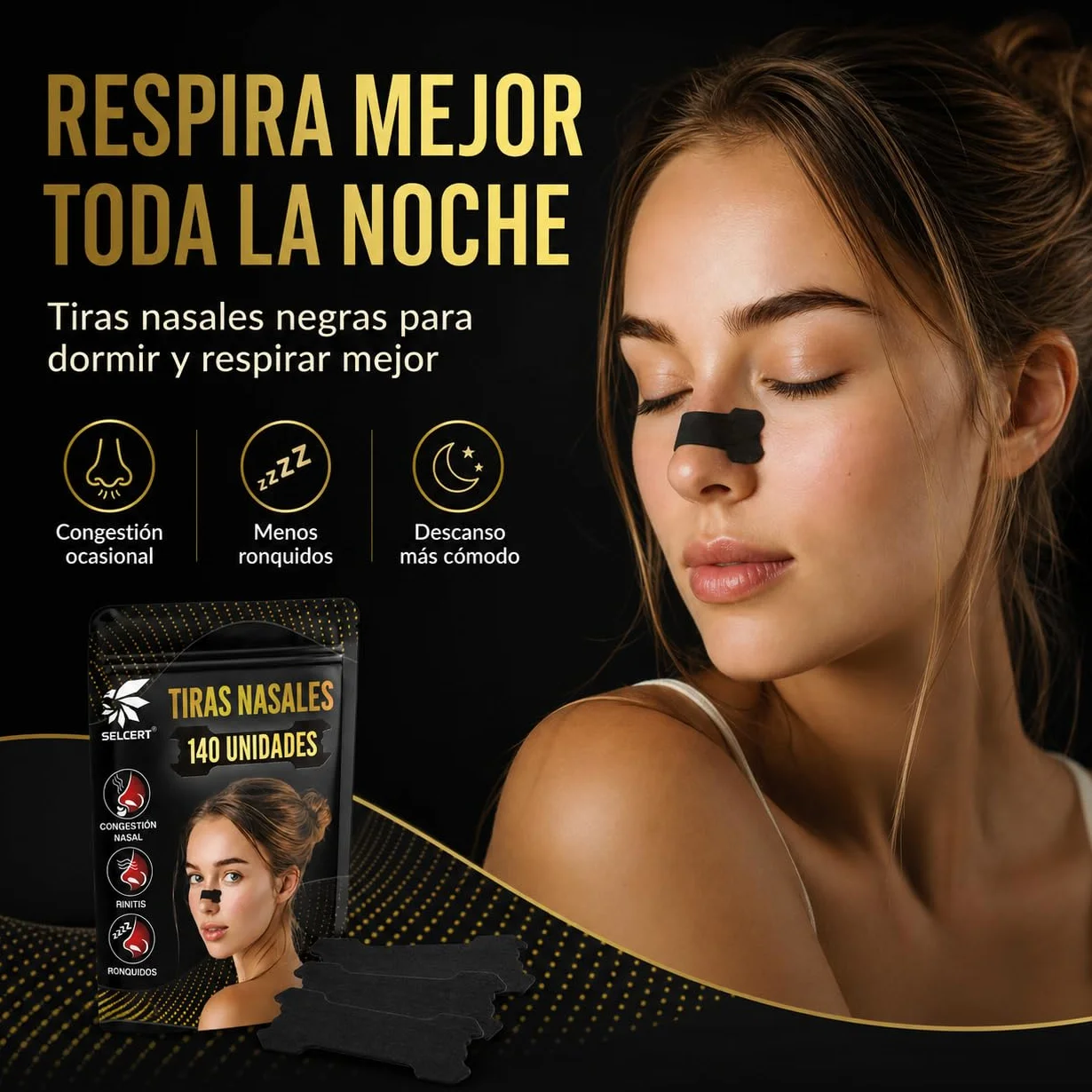 Tiras Nasales Antirronquidos x140 Dilatador Nasal Negro para Dormir Deporte Congestión Nasal