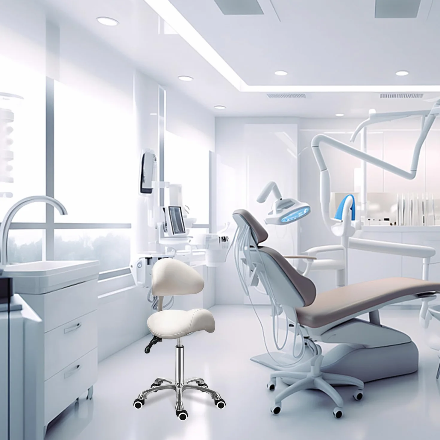 Antlu Silla de sillín con respaldo ajustable blanco para esteticista rodante salón spa clínica dental