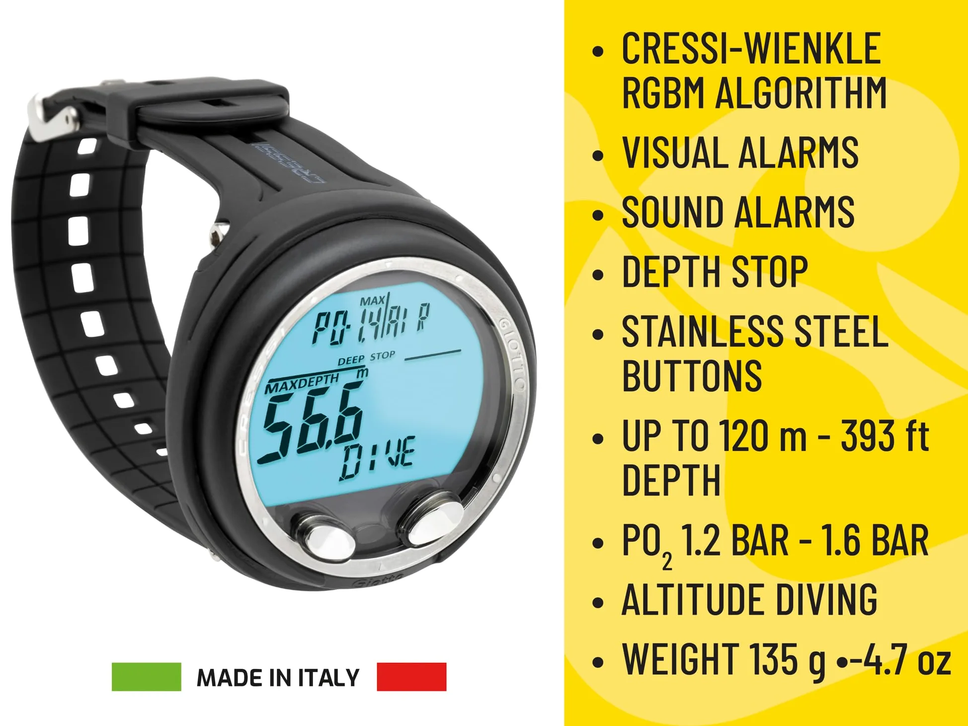 Cressi Giotto Ordenador de Buceo Profesional de Muñeca para Buceo Submarino Dual Mix - Negro/Plateado, Talla Única Unisex | 3 modos: aire • Nitrox • Calibrador – gases de doble mezcla, cuaderno de registro, alarma de ascenso