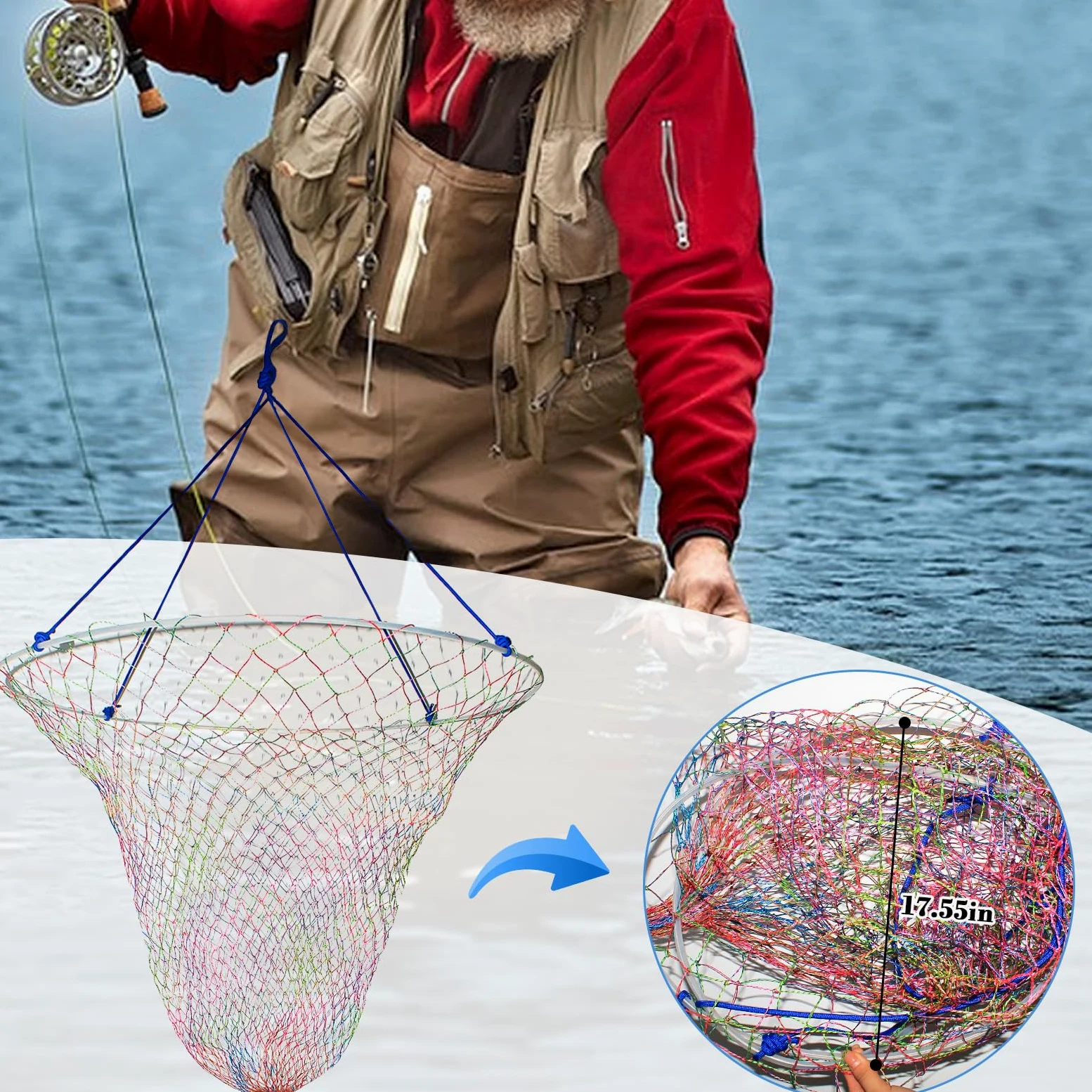 Red de pesca de puente y muelle, diseño resistente para peces grandes, red de pesca portátil con cuerda, aro de acero suave grueso, red colorida de doble línea, cuerda y bolsa de