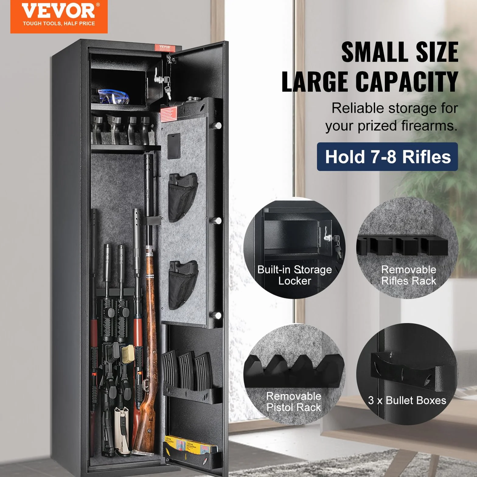 VEVOR Caja Fuerte para 5 Rifles con Huella Dactilar y Cerradura Digital, Armero con Estante Extraíble
