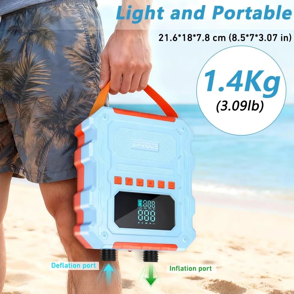 KinZon Bomba de Aire Eléctrica 60 PSI Alta Presión para Sup, Recargable, Compatible con Toma de Coche 12V, Apagado automático, inflado/desinflado, para Paddle, Kayak y neumáticos