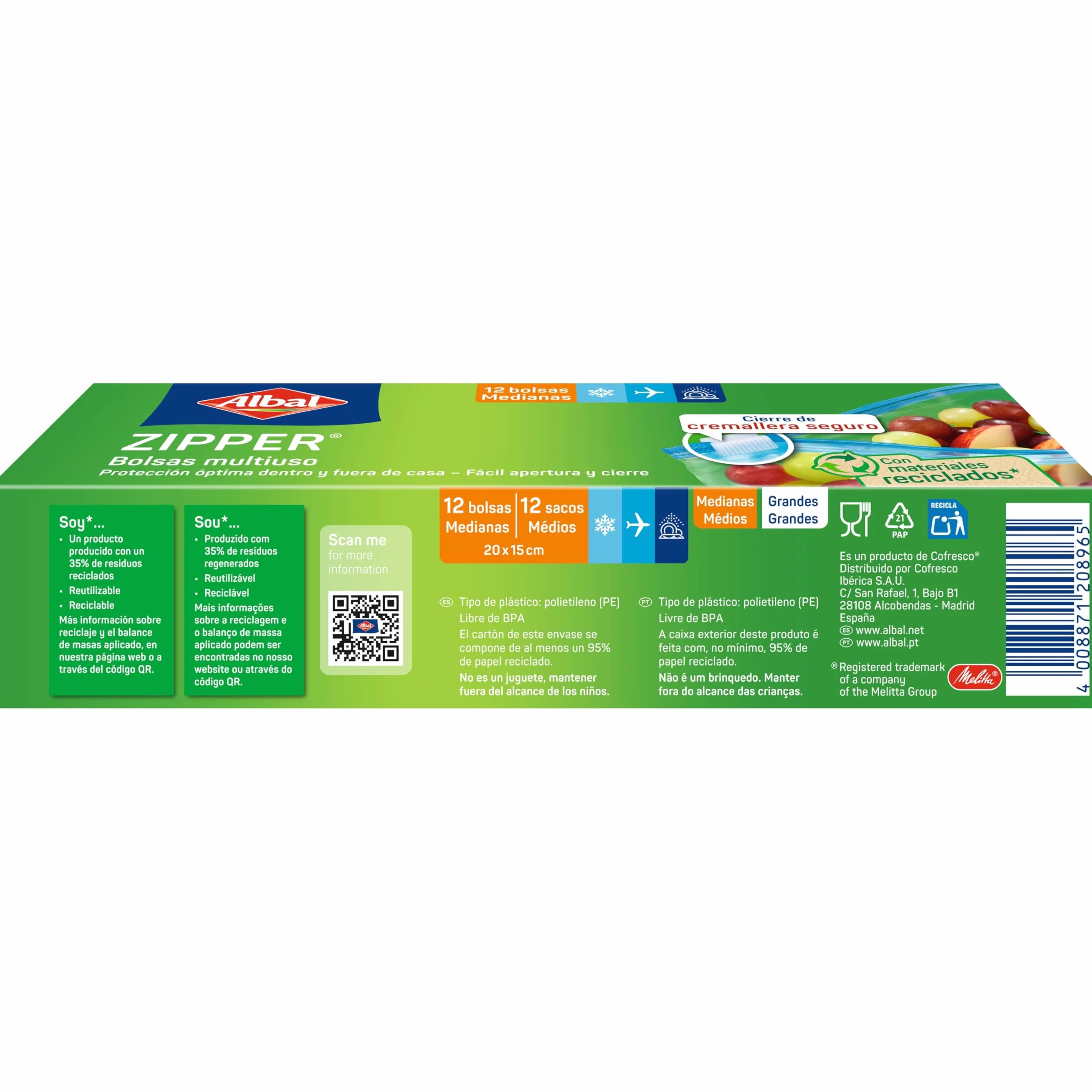 Albal Bolsas Multiuso Zipper 1 Litro, 70% Reciclados, Resistentes, Reutilizables, 12 Bolsas
