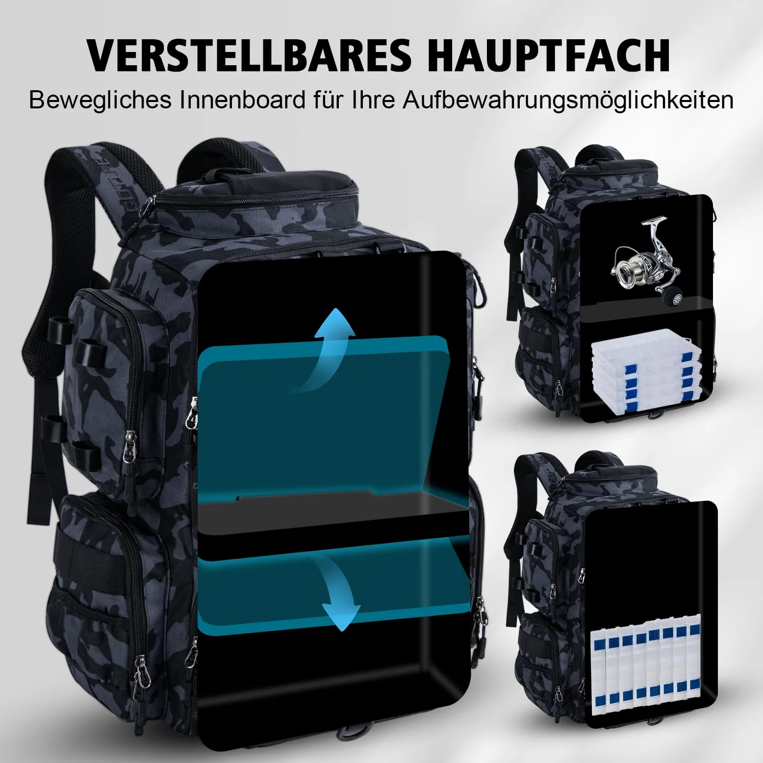 Goture Mochila de pesca con 4 cajas de cebo de pesca, mochila de 45 litros con dos soportes para cañas y protector de lluvia, tela Oxford 900D, bolsa impermeable para aparejos de pesca con