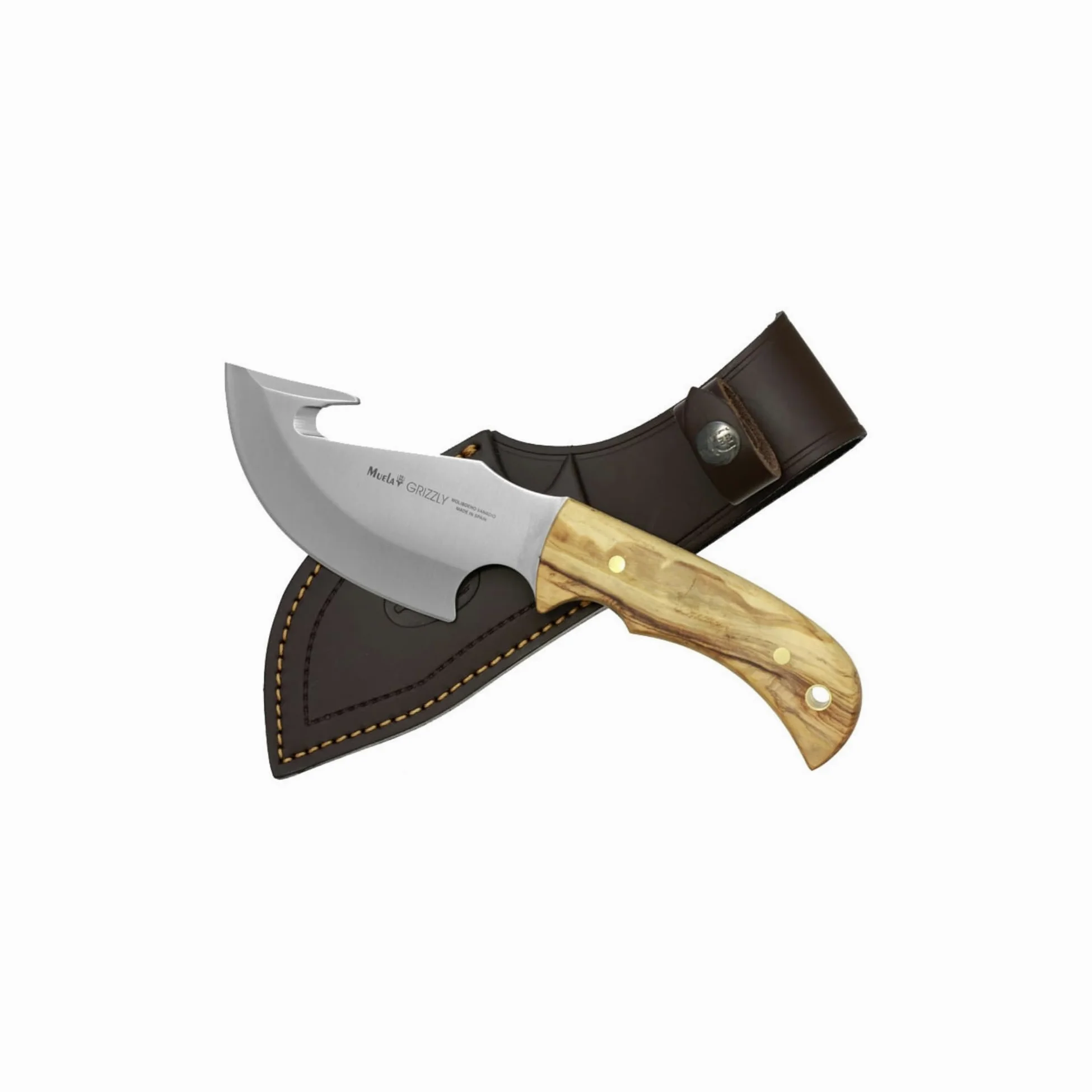Cuchilleria Deportiva MUELA. Cuchillo desollador Muela GRIZZLY-12.OL. Mango de Olivo. Hoja: 12 cm. Funda de Cuero. Herramienta para Caza