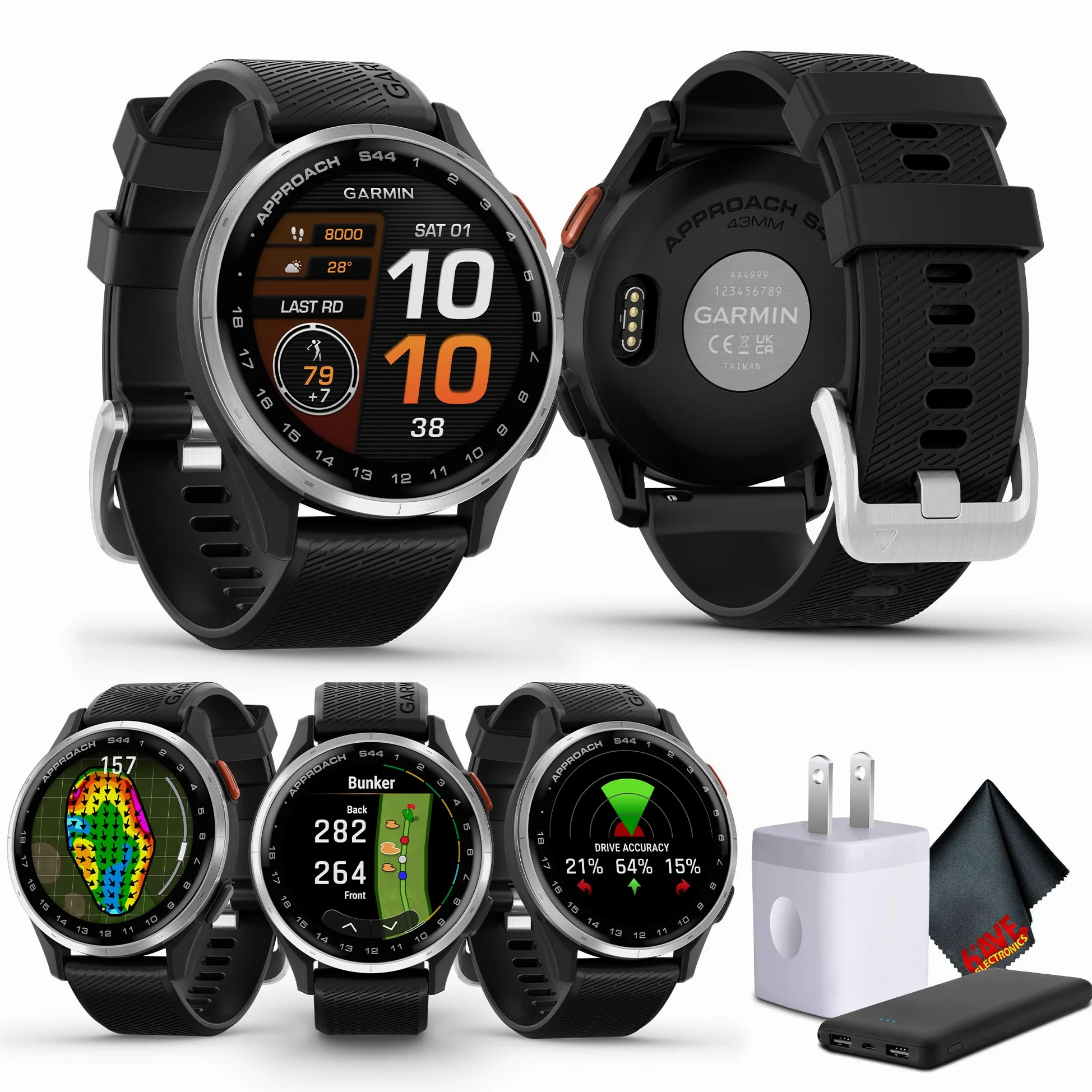 Garmin Approach S44 Essential - Reloj de golf con GPS, pantalla AMOLED, características en el campo, reloj inteligente deportivo y fitness, bisel de aluminio plateado con correa de silicona negra