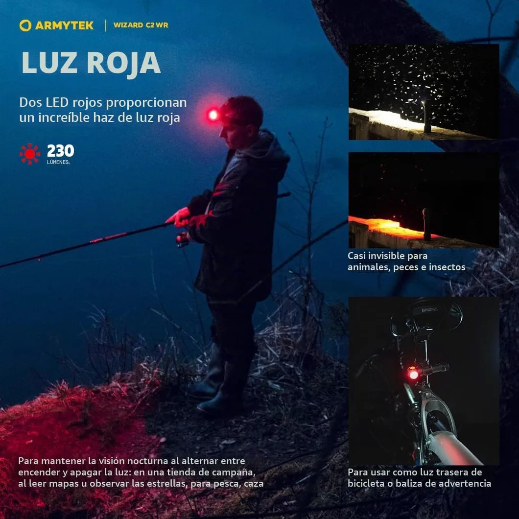 Linterna frontal LED Nueva Armytek Wizard C2 WR blanco frío y rojo Multifunción Recargable por USB + Batería 18650 Li-Ion