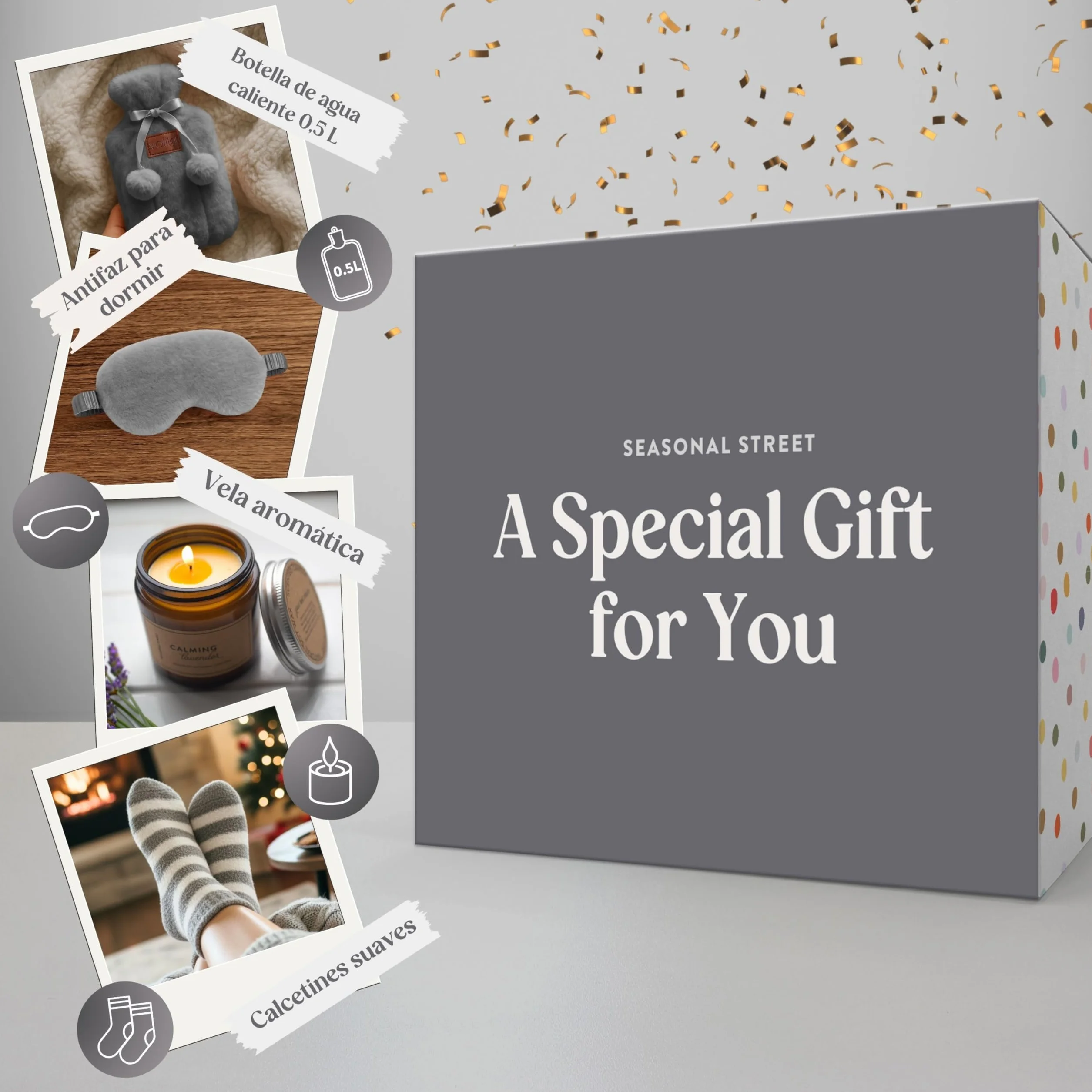 Regalo Mujer Set con Bolsa de Agua Caliente Gris, Calcetines de Felpa, Vela de Lavanda, Máscara para Ojos