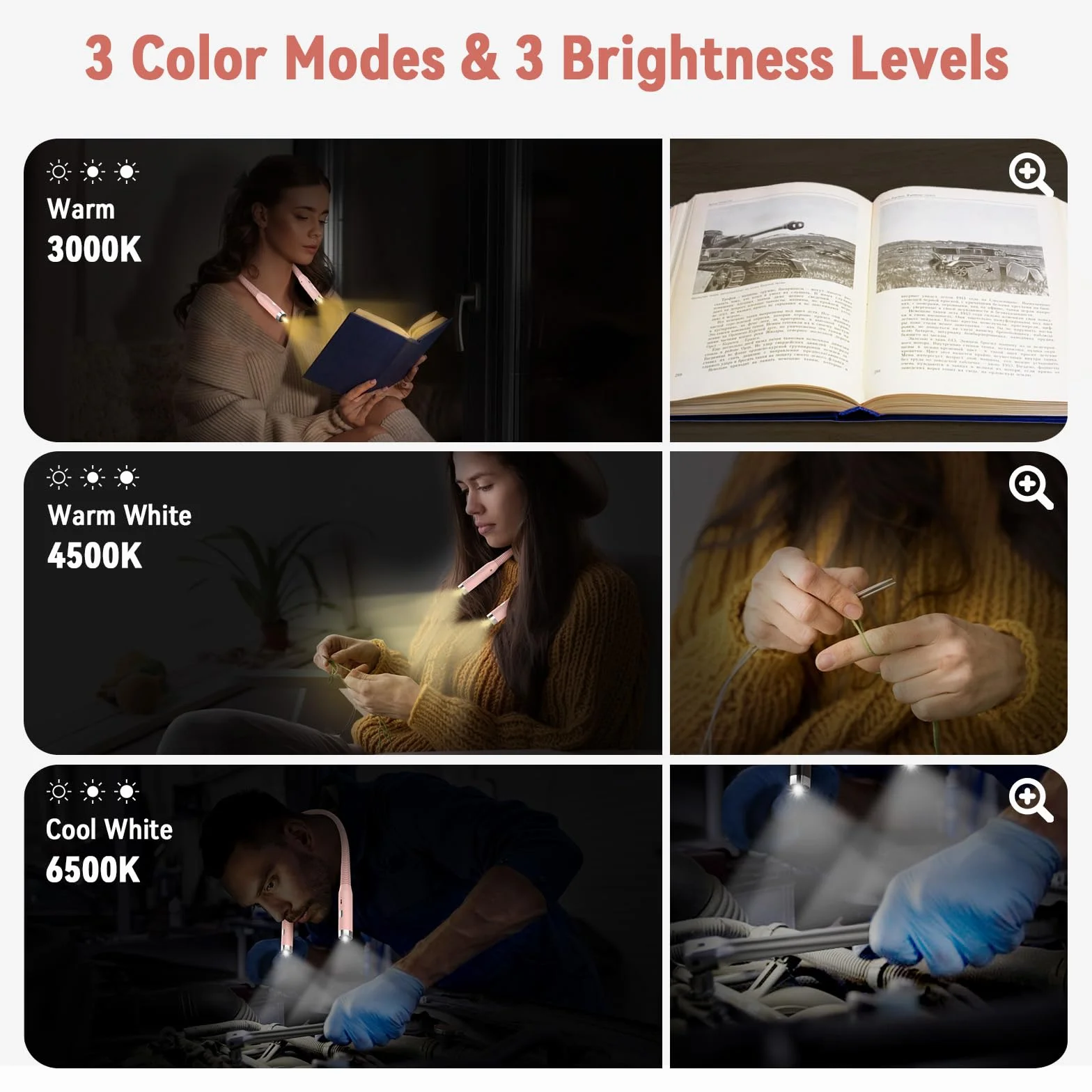 Diboniur Lámpara de Lectura USB Recargable LED, 3 Colores y 3 Niveles de Brillo Ajustables, Luz para Leer en la Cama