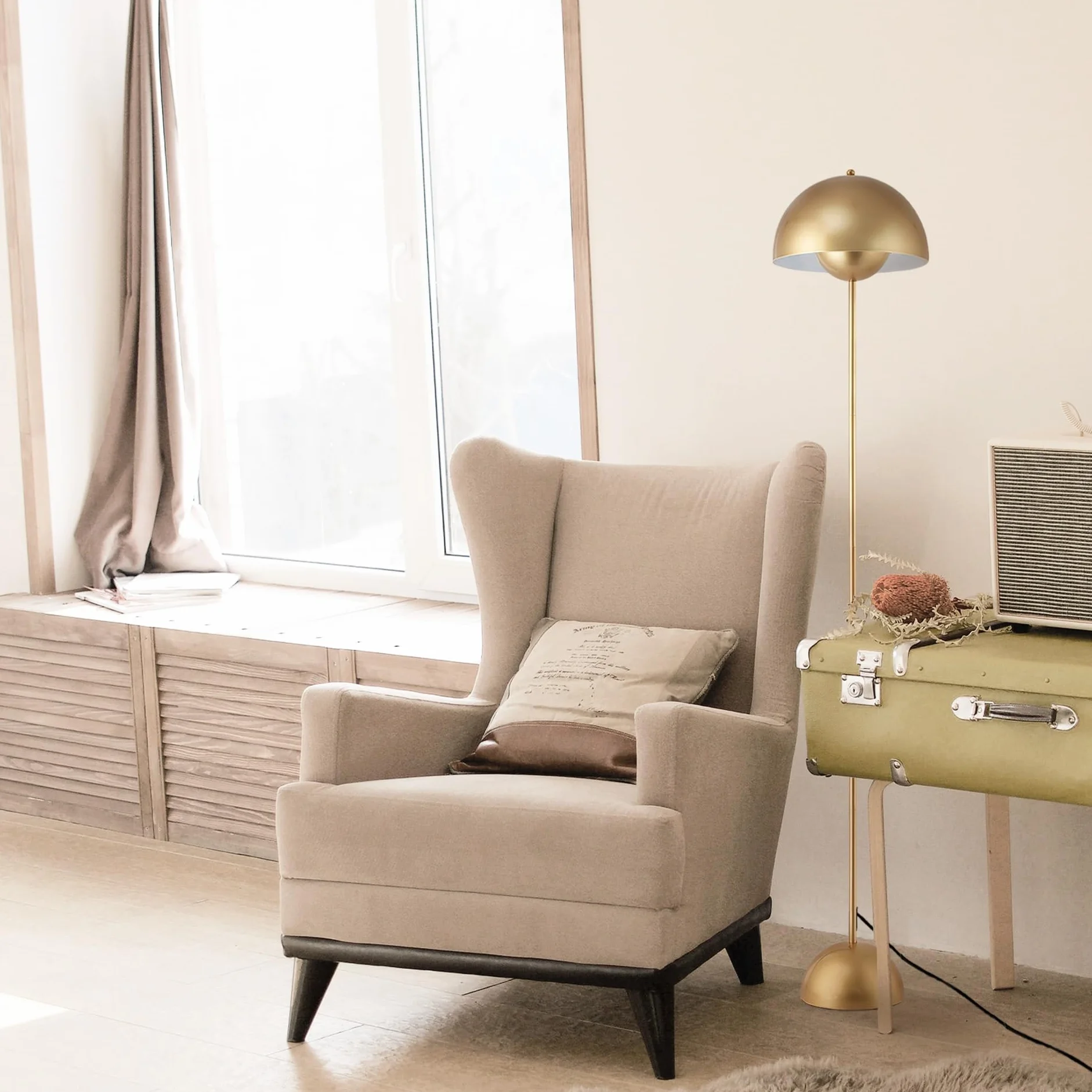 Alpinaluz Lámpara de Pie Dorada Aluminio Pantalla Forma Parabólica Abovedada E27 Estilo Clásico Moderno Nórdico para Salón Comedor