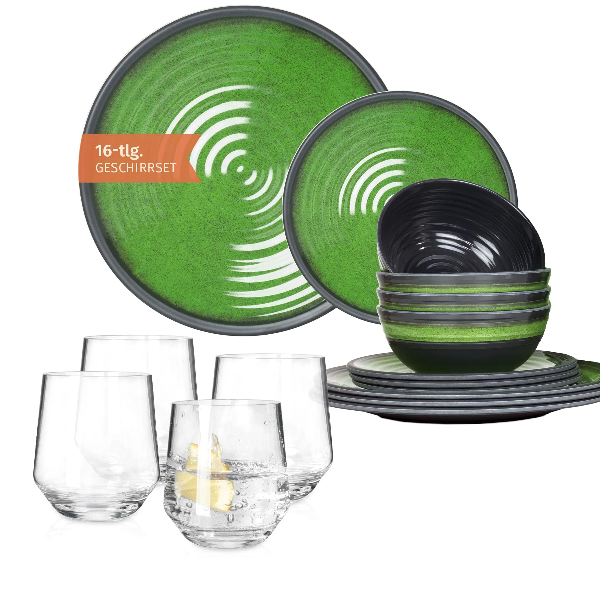 Vajilla de melamina para camping, 4 personas, color verde piedra + 4 vasos Milano vasos de agua, vajilla de pícnic, barbacoa