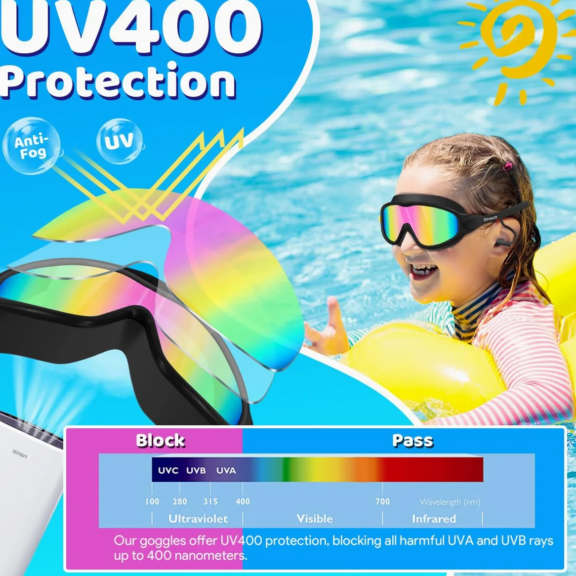 Vvinca Gafas de natación para niños con tapones para los oídos y clip para la nariz, visión amplia, antivaho, gafas de natación UV para niños y niñas de 3 a 15 años