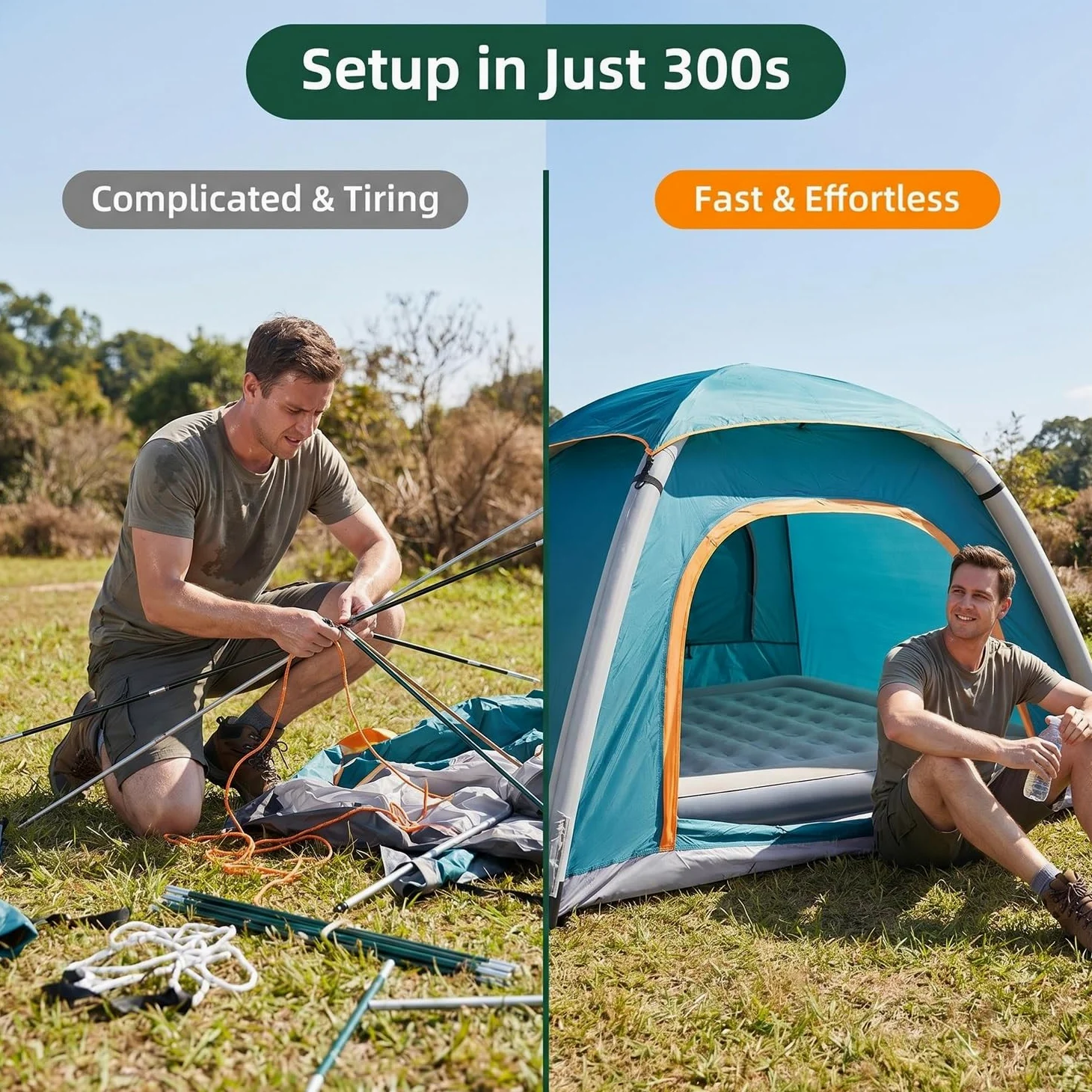 Tienda de campaña inflable para 2-3 personas, impermeable para 4 estaciones, tienda de campaña de aire de 3000 mm con bomba, estacas, bolsa de transporte, resistente al viento para camping, senderismo
