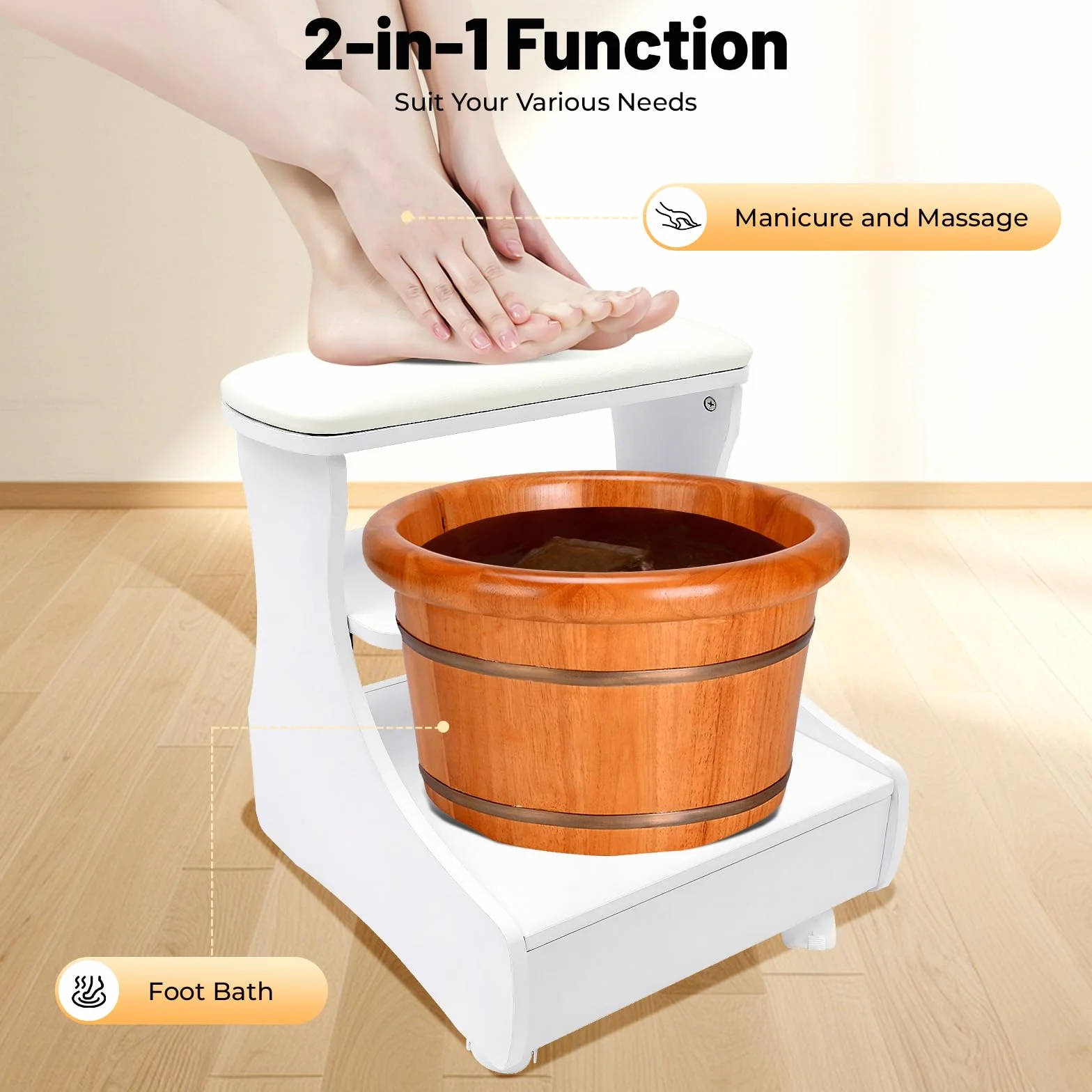 Taburete de Pedicura con Ruedas Reposapiés Blanco para Salón de Belleza
