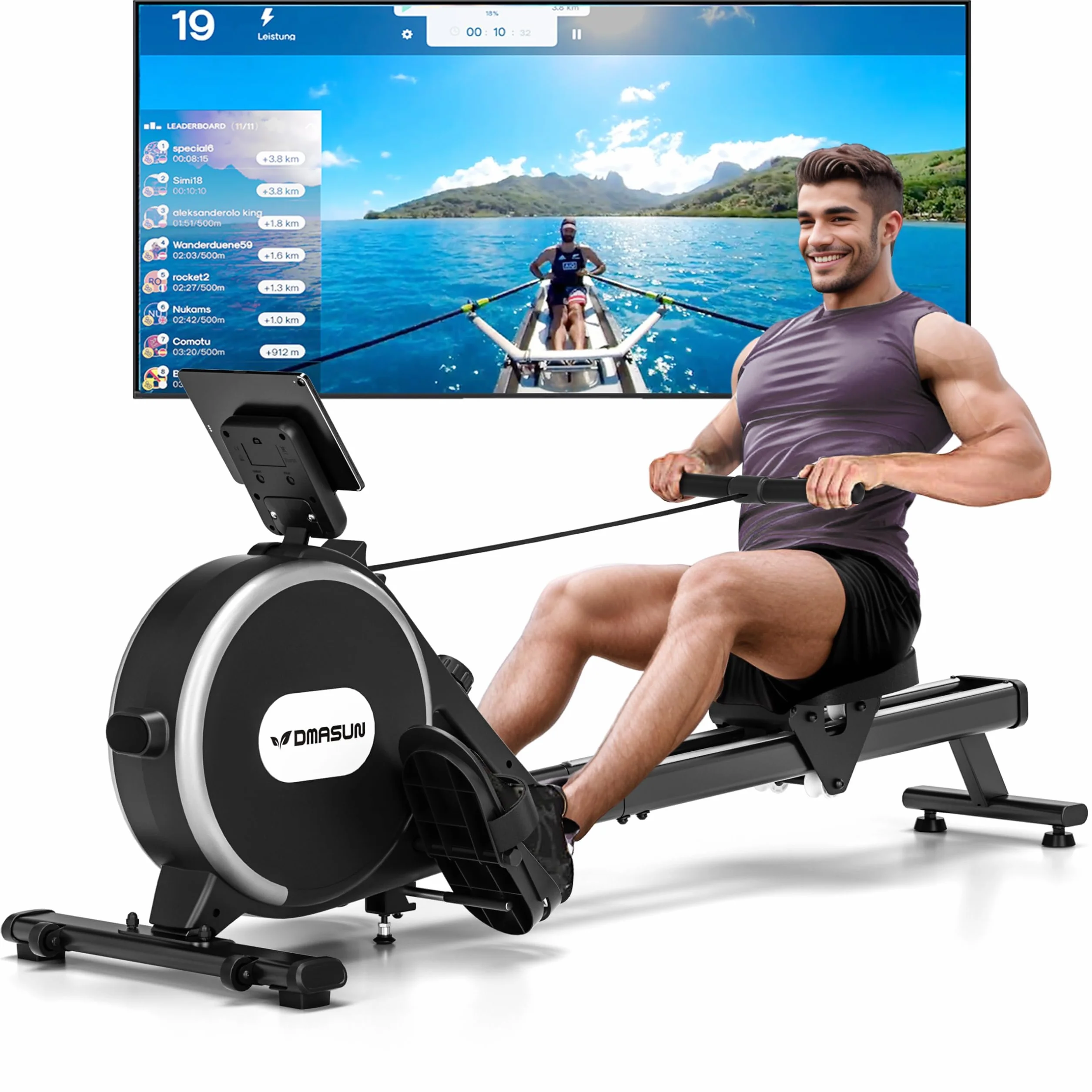 DMASUN Maquina de Remo para casa, 16 Niveles de Resistencia magnética, Soporta hasta 160 kg, Dobles mejorados, Ultra silenciosa y Estable, Conexión a la App, Almacenamiento Vertical para Ahorrar