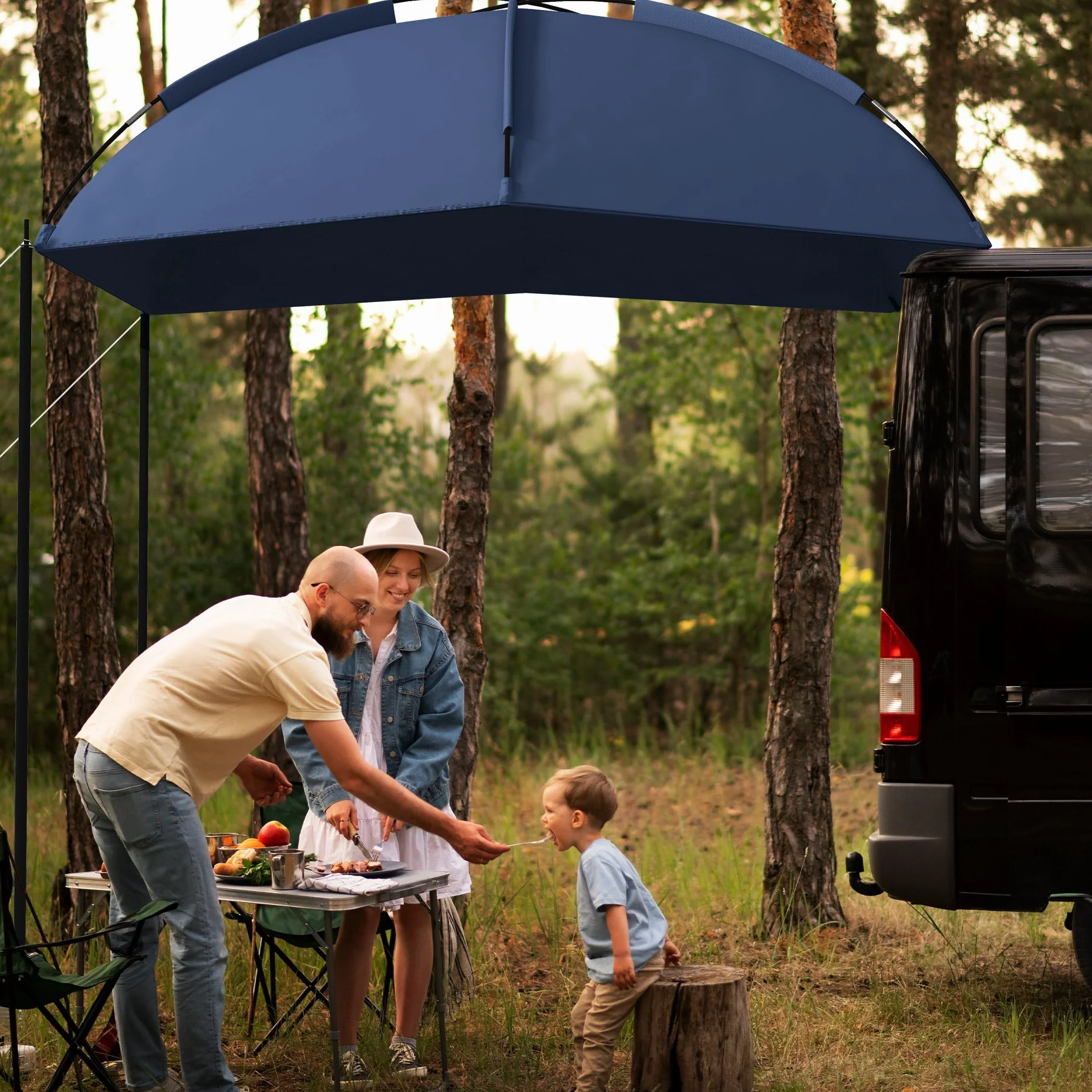 Outsunny Toldo para Coche Toldo para Camping con Altura Ajustable y Bolsa de Transporte Impermeable Anti-UV para Picnic Playa 290x278x230-260 cm Azul Oscuro