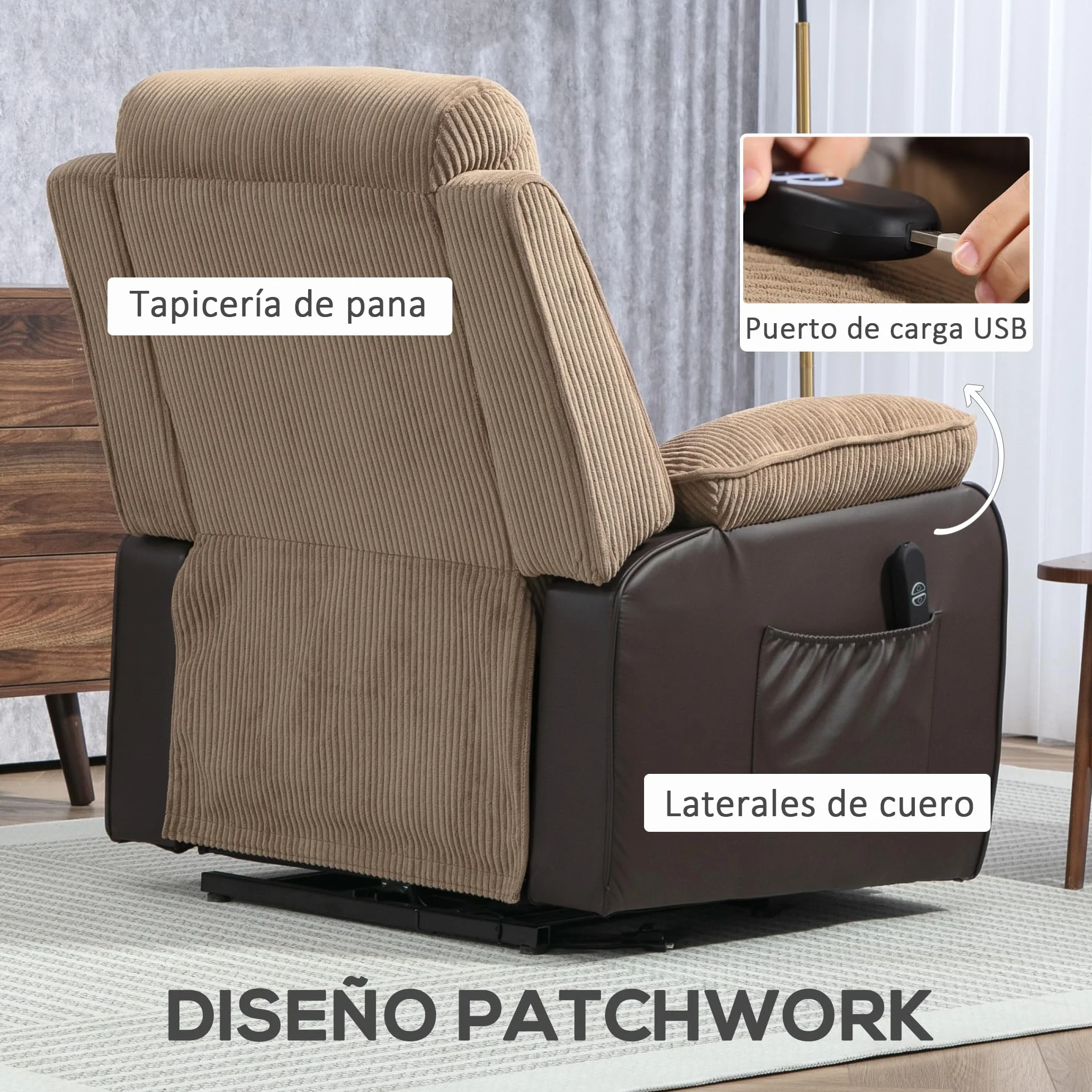 HOMCOM Sillón Relax Reclinable Eléctrico Levanta Personas, Sillón Elevador, con Puerto USB, Control Remoto, Marrón