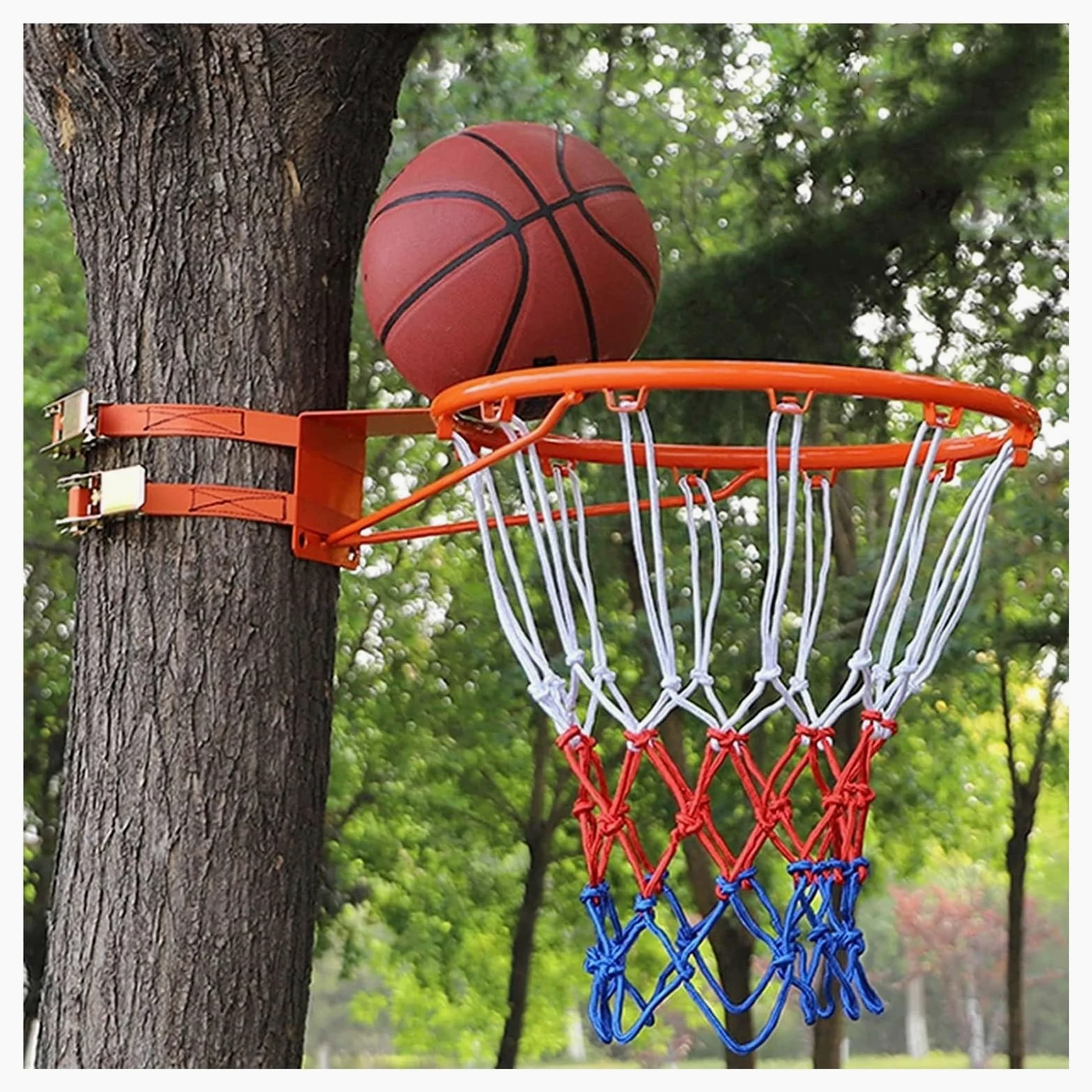 Aro de Baloncesto portátil for Exteriores, Borde de Metal de Doble Anillo de 18 Pulgadas con Red de Nailon y Correas Ajustables, for Todas Las Edades, Poste de árbol de fácil