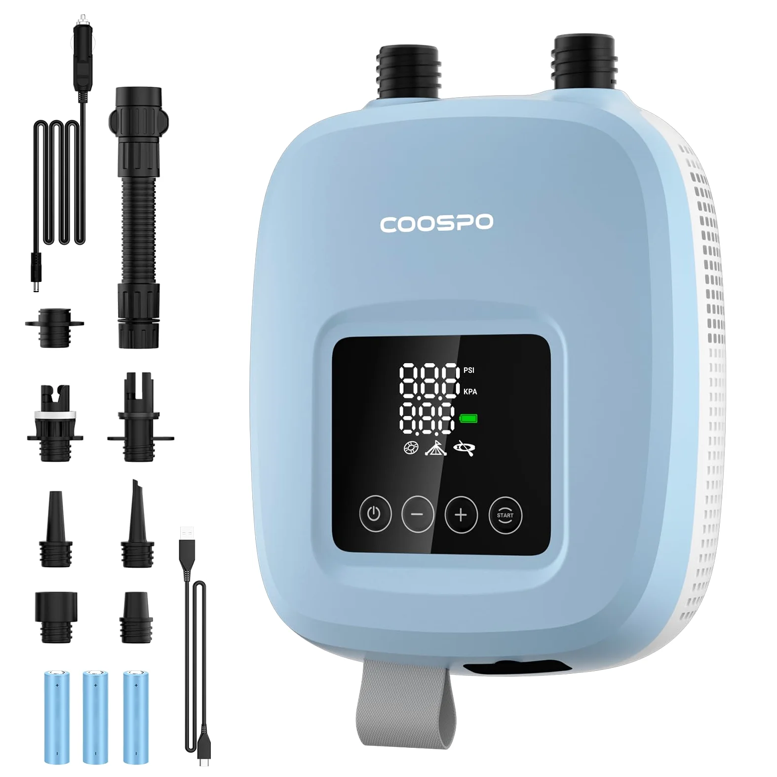 CooSpo Bomba de Aire portátil para Sup inflador eléctrico de Alta presión de 20 PSI batería Recargable de 52.9/44.4 WH Cargador para Coche de 12 V Apto para Kayaks y artículos hinchables