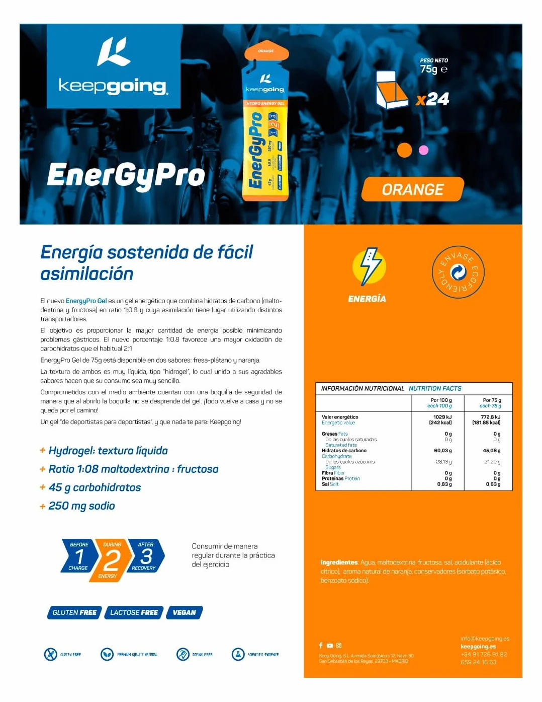 Keepgoing EnergyPro Gel Energético Naranja 12 x 75g Maltodextrina Fructosa