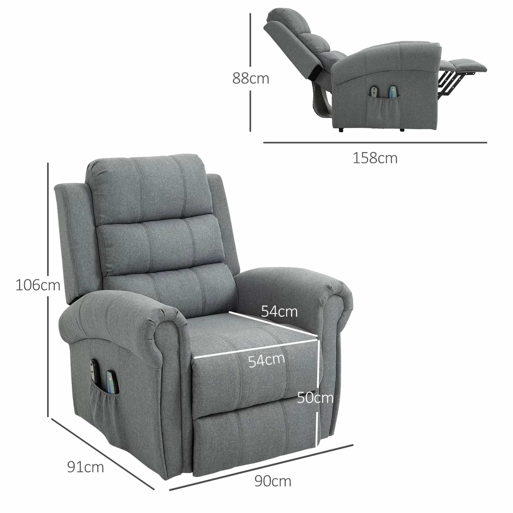 HOMCOM Sillón Relax Reclinable Eléctrico Levanta Personas, Masaje Vibratorio y Calor, Control Remoto, Gris