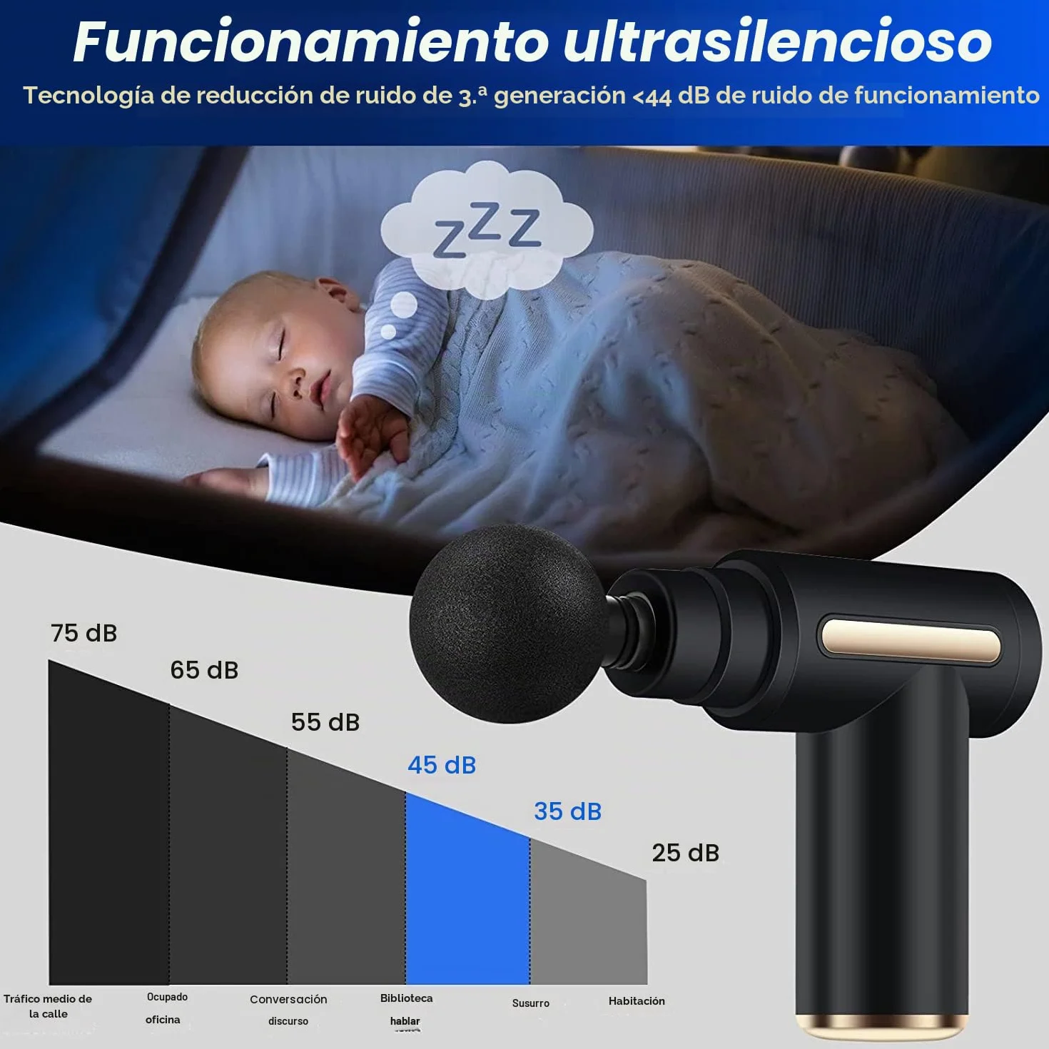 Uplayteck Mini Pistola de Masaje Muscular Portátil 35DB 6 Velocidades 4 Cabezales
