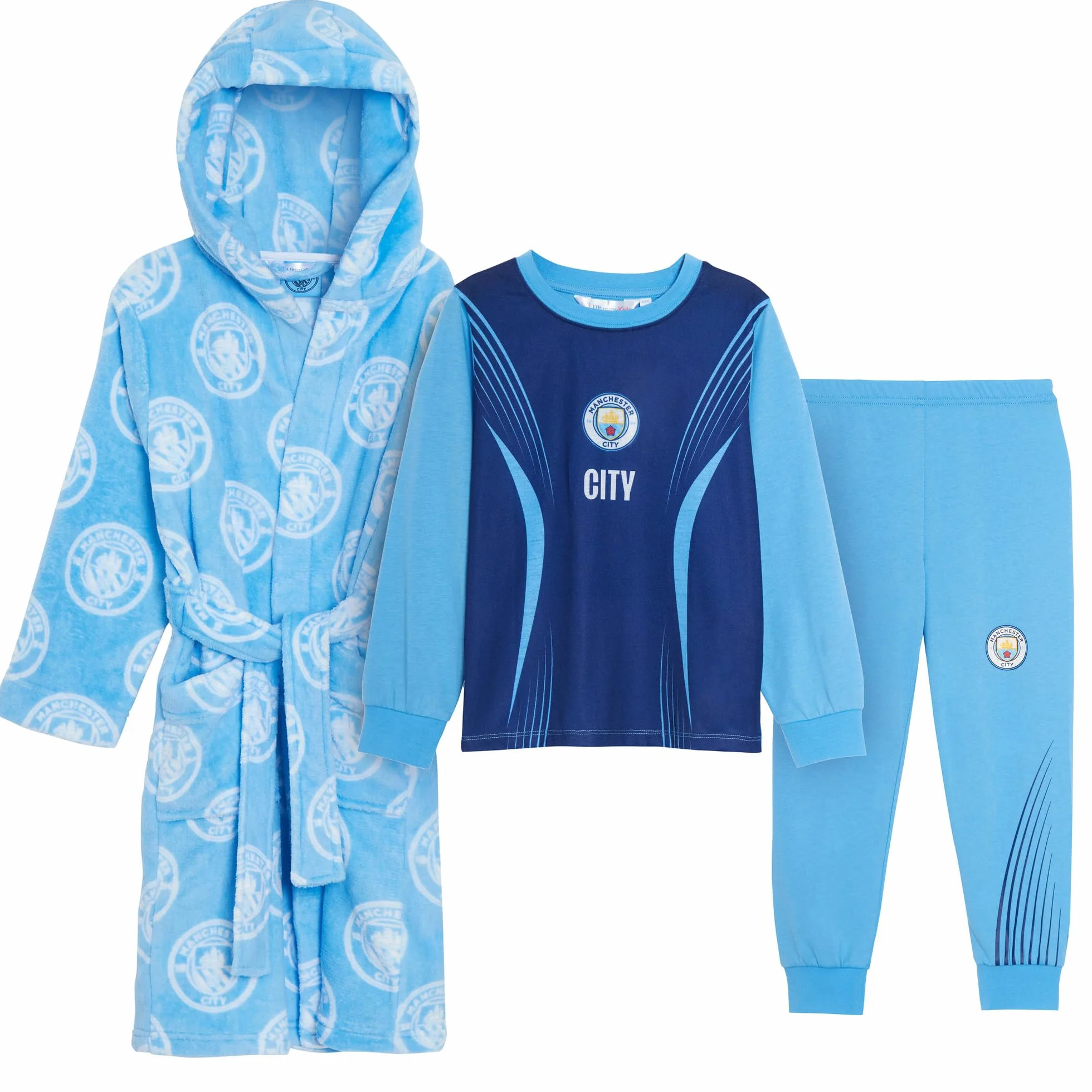 MANCHESTER CITY Pijama para niños + bata con capucha de 3 piezas, bata de fútbol + conjunto de pijama