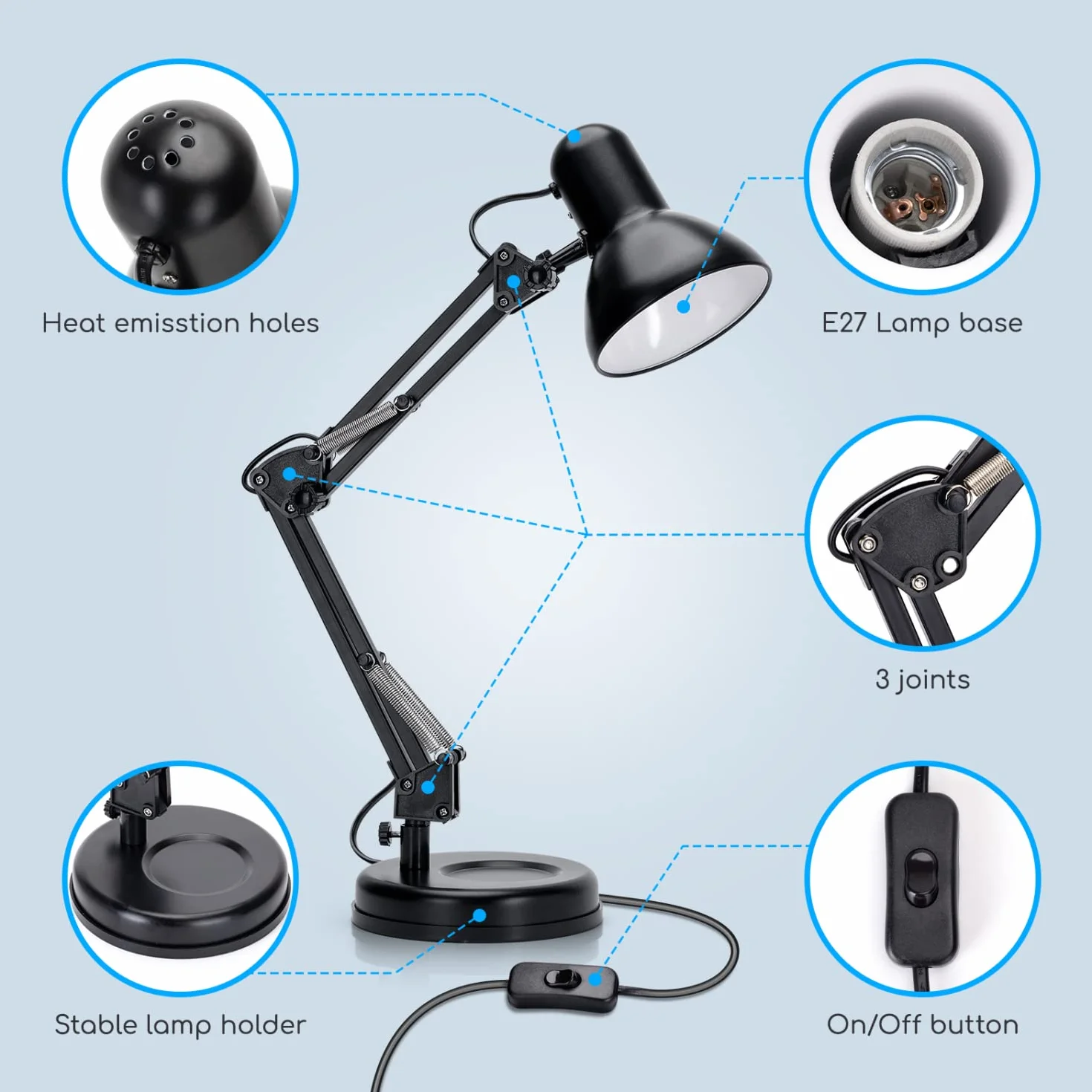Aigostar Lámpara de Escritorio E27, Brazo articulado de metal, Lámpara de Mesa Ajustable Negro