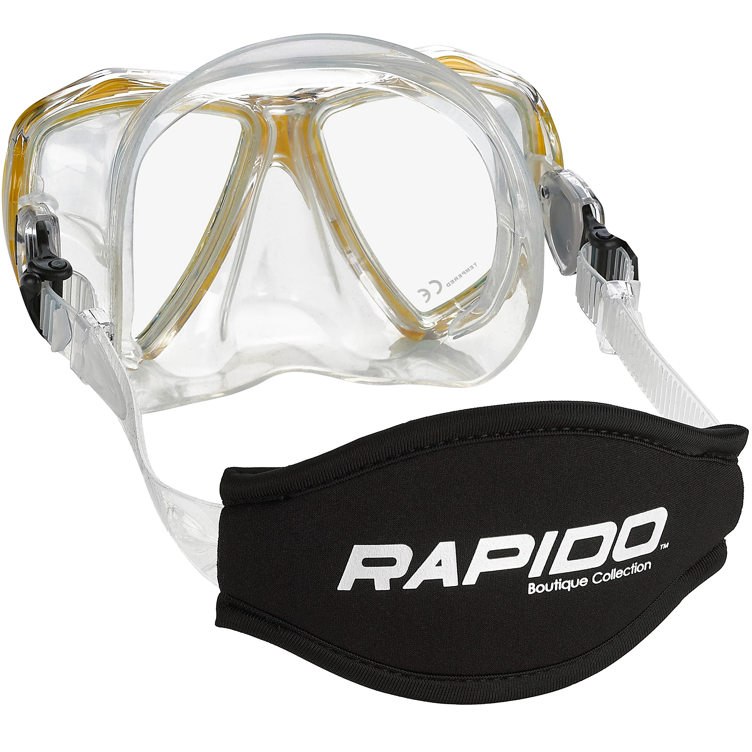 Phantom Aquatics Rapido Boutique Collection Marine - Máscara de Buceo Ajustable de Cristal Templado con Bolsa de Transporte (Amarillo, S/M, EE. UU.: 6-9/EU: 38-42)
