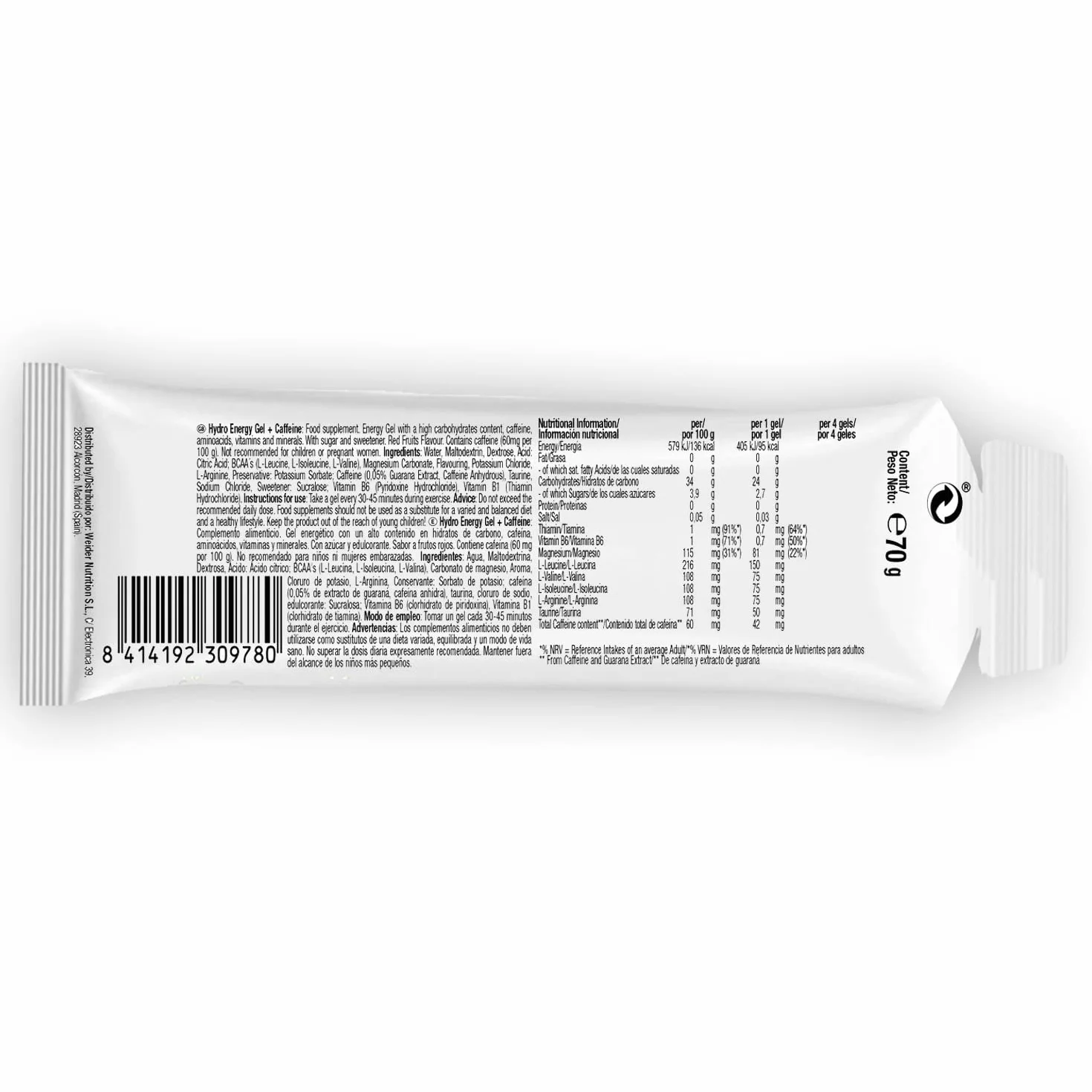 Victory Endurance Hydro Energy Gel Caffeine Red Fruit 70g 42mg Cafeína