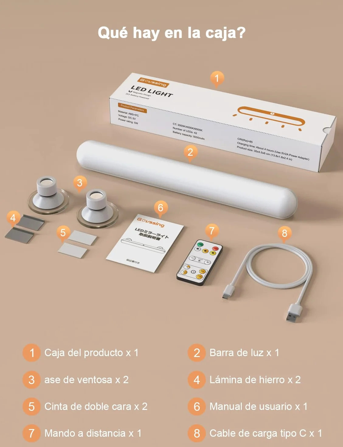Luces Tocador Sin Cable Recargable 5000mAh, Espejo Maquillaje 3 Colores, Ventosas Roscadas Magnética USB Control Remoto