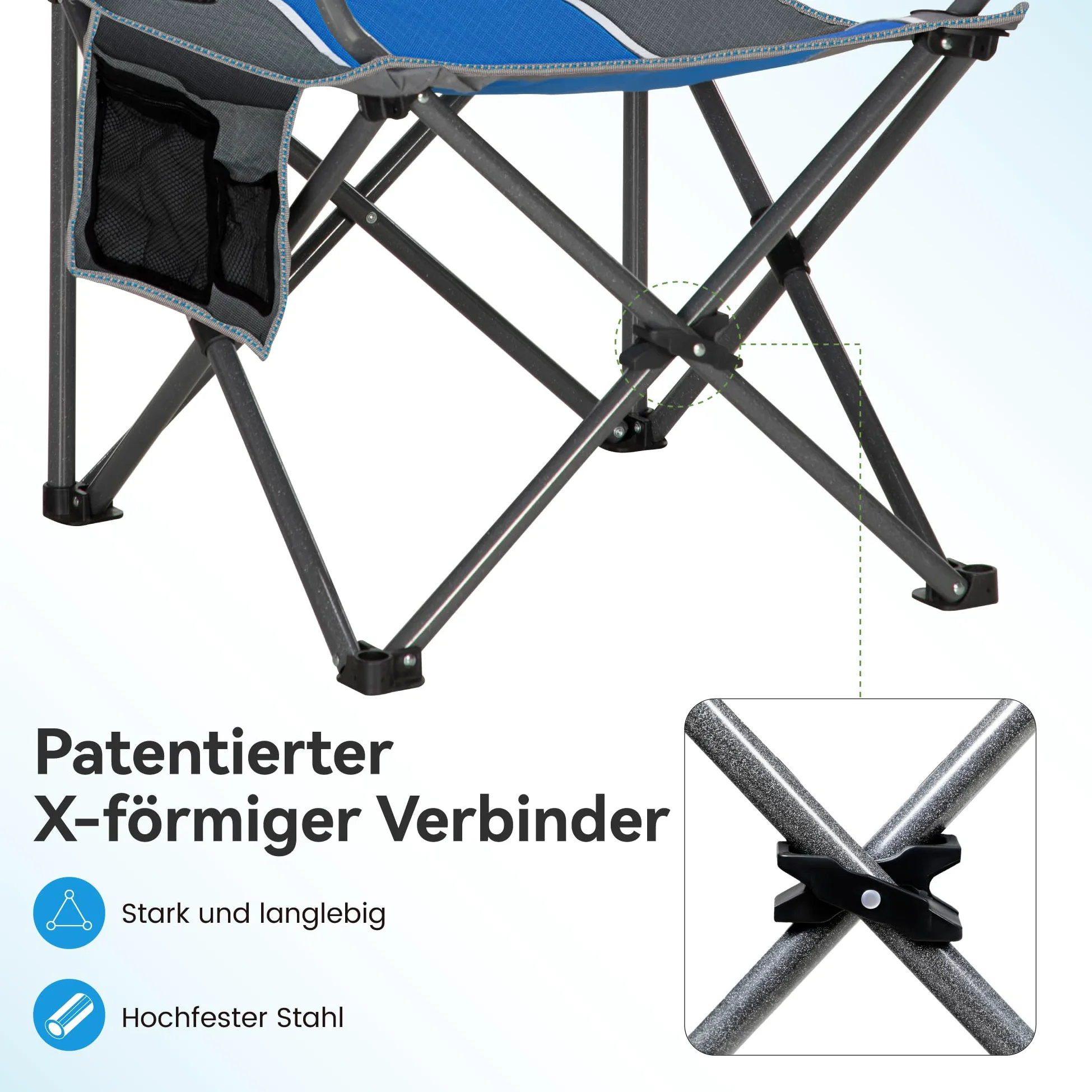 LET'S CAMP Silla plegable para camping, hasta 160 kg | Con soporte para bebidas, bolsa de transporte XL, silla plegable, color azul