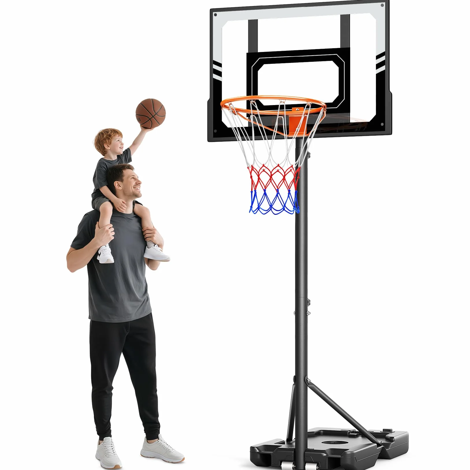 Canasta de baloncesto ajustable 107-213 cm con soporte y ruedas, panel trasero de PC irrompible, regalo para niños