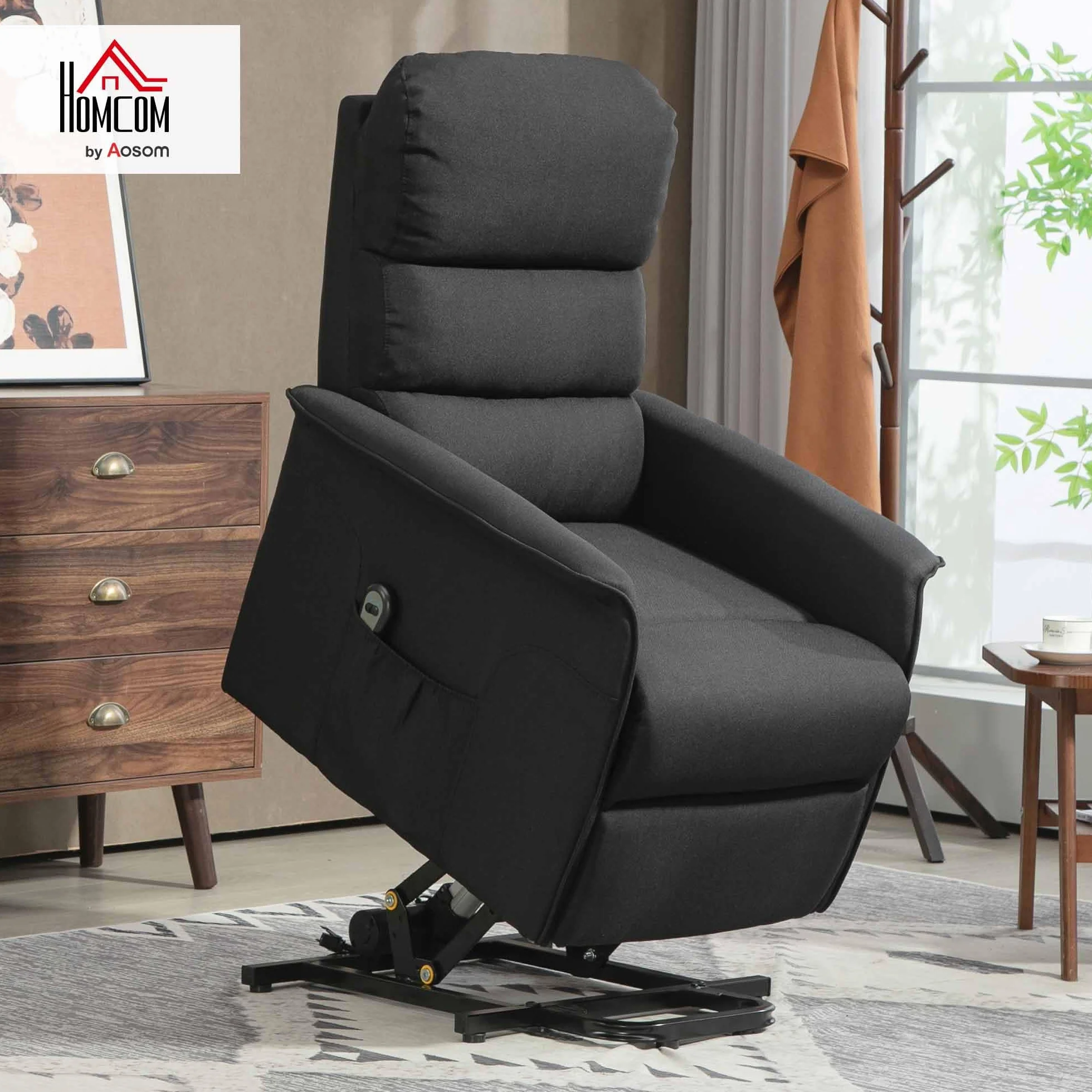 HOMCOM Sillón Relax Reclinable Eléctrico Levanta Personas, Sillón Elevador con Control Remoto, Reposapiés, Tapizado en Lino, Negro