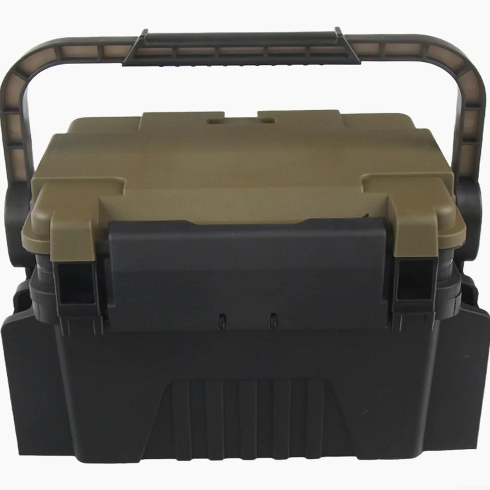 Caja de aparejos de pesca de gran capacidad con separadores extraíbles, caja de almacenamiento de señuelos de polietileno con correa para el hombro y asiento, organizador portátil multicapa para pesca