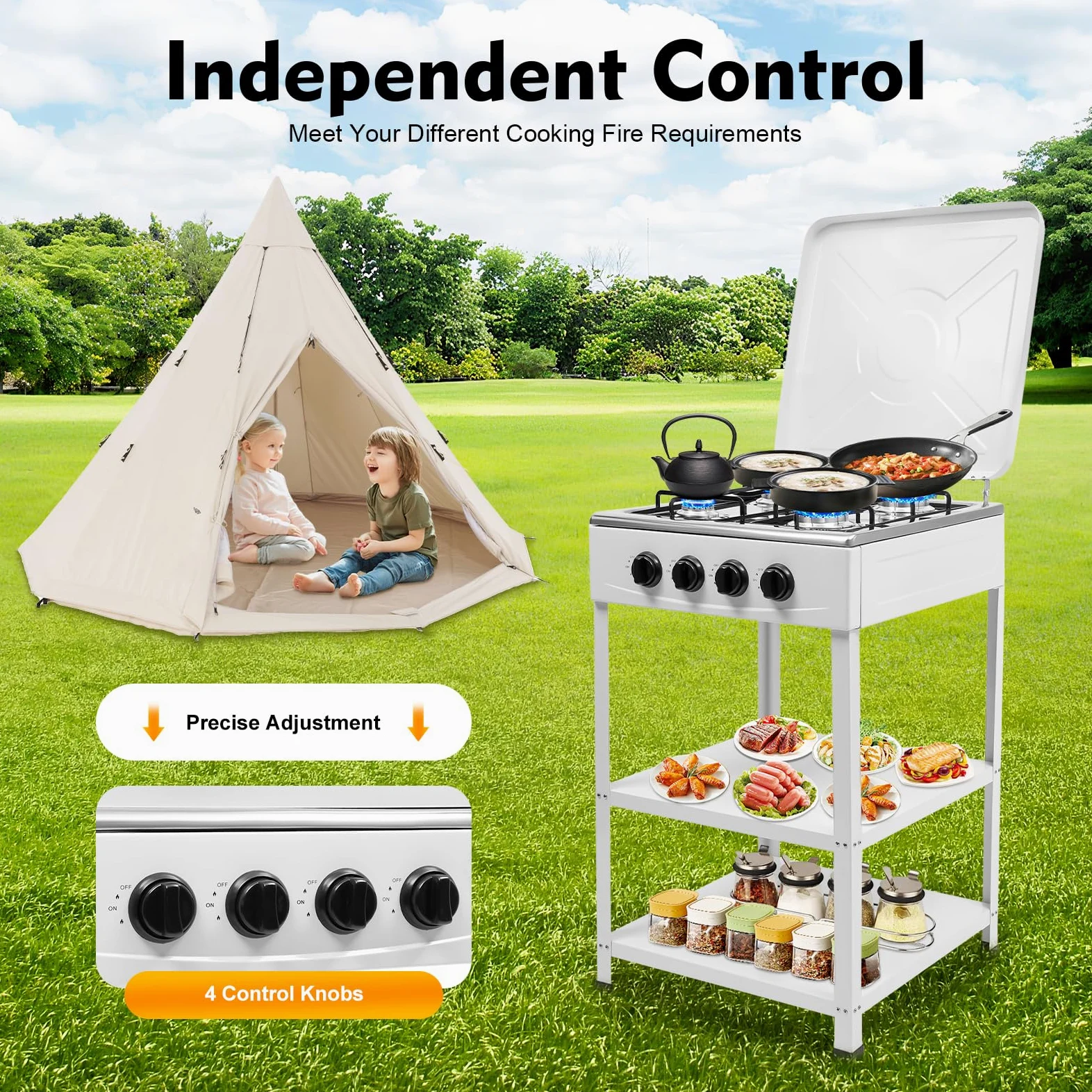Cocina de gas natural independiente con 4 quemadores, con estante de 2 plantas, 4 fundas de protección contra el polvo, estufa de gas portátil, para acampar casa