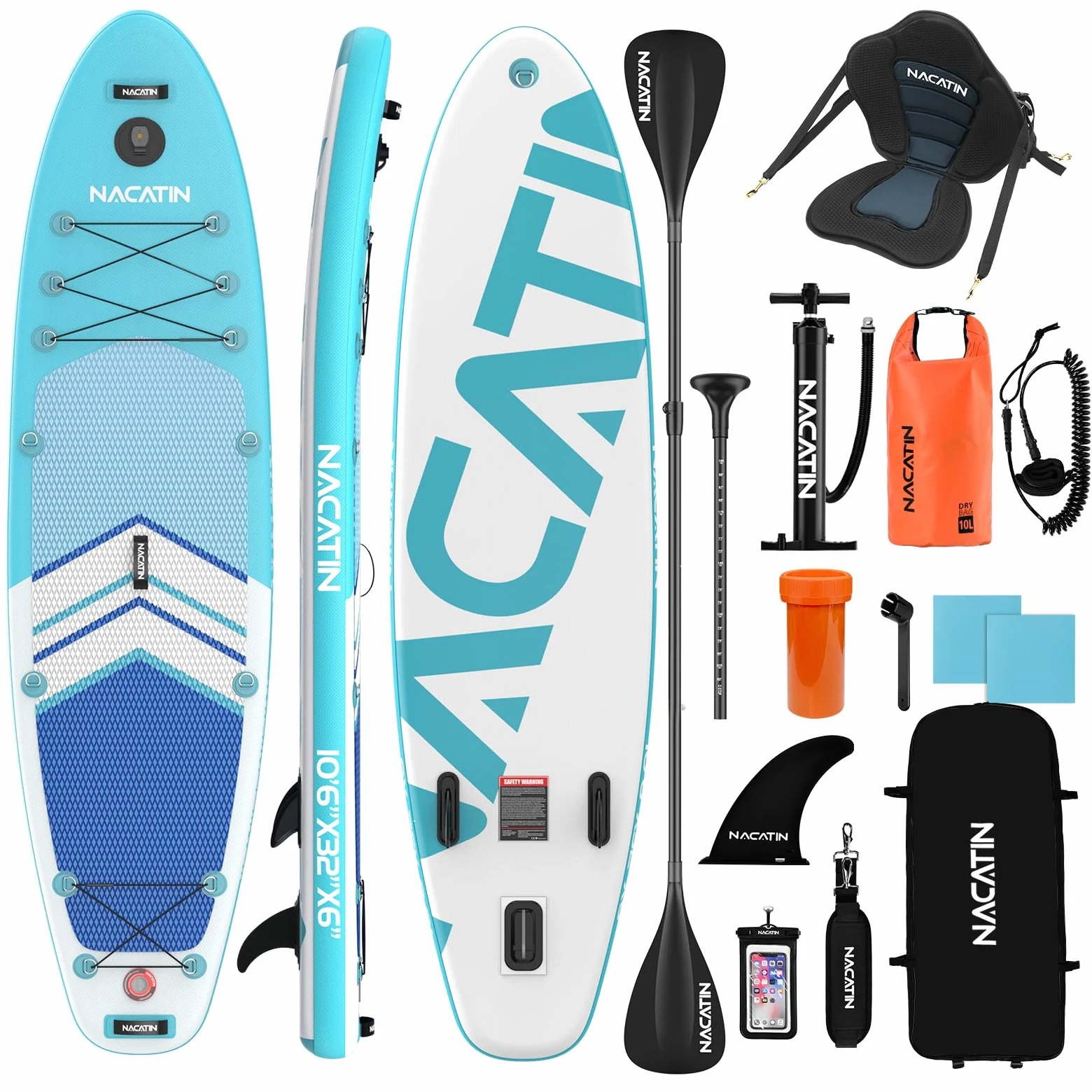 NACATIN - Tableros hinchables de 10'6" con Remo Ajustable Mochila de Viaje, Bomba, Bolsa Impermeable de 10L, Correa, Accesorios incluidos