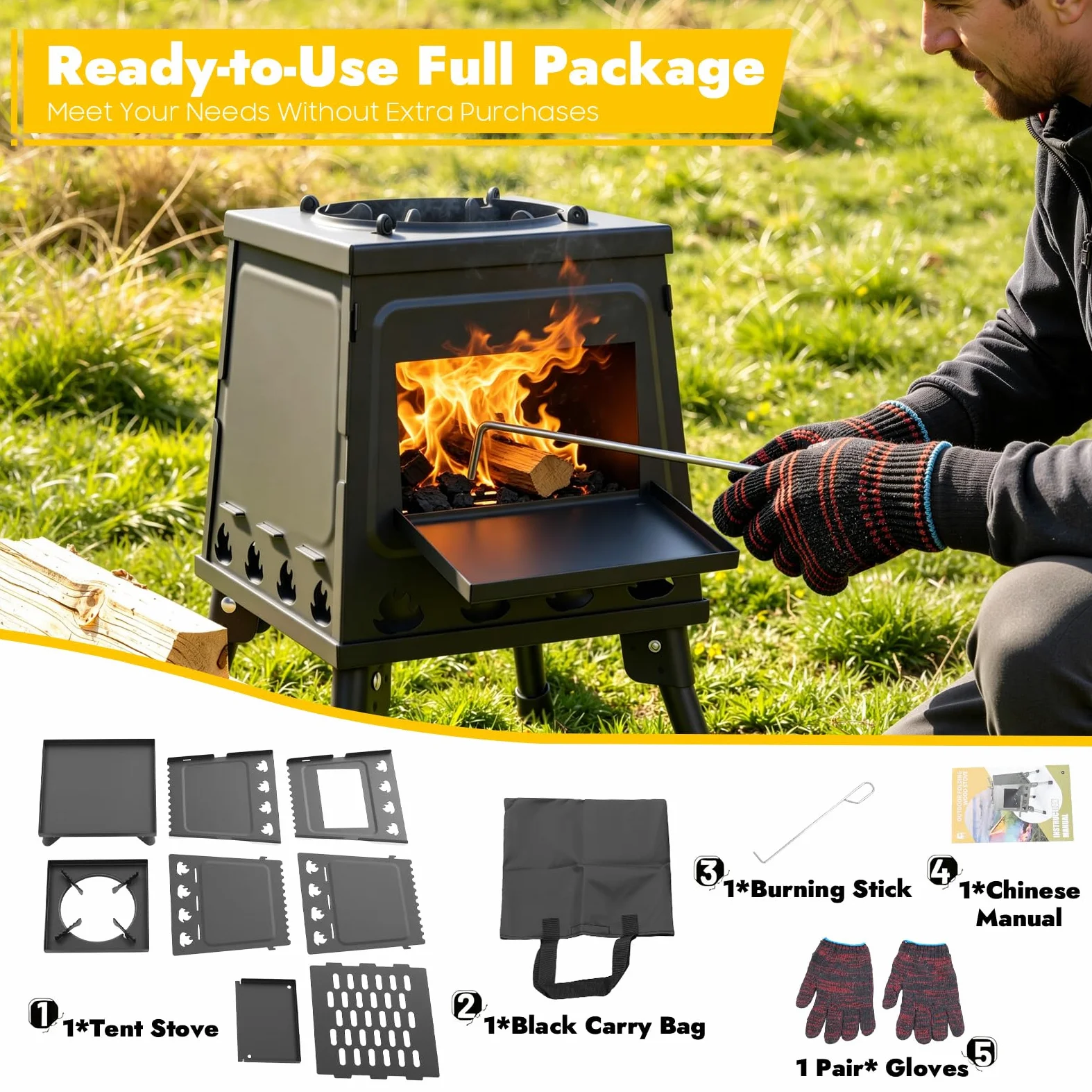 Estufa portátil de acero plegable para camping, estufa de leña multifuncional para exteriores, para 3-5 personas, color negro