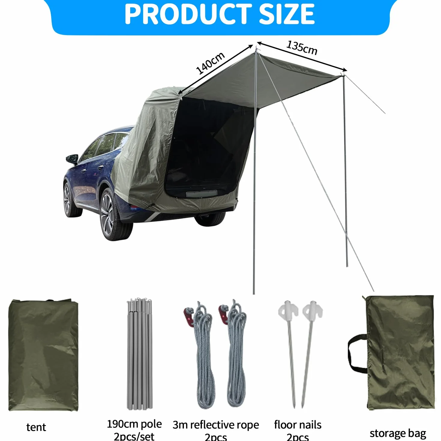 Tienda de Campaña para Coche, Carpa para Portón Trasero con Mosquitera, a Prueba de Viento, Protector Impermeable AutomóVil para SUV, Toldo para Auto para Acampar y Aventuras al Aire Libre, Caqui