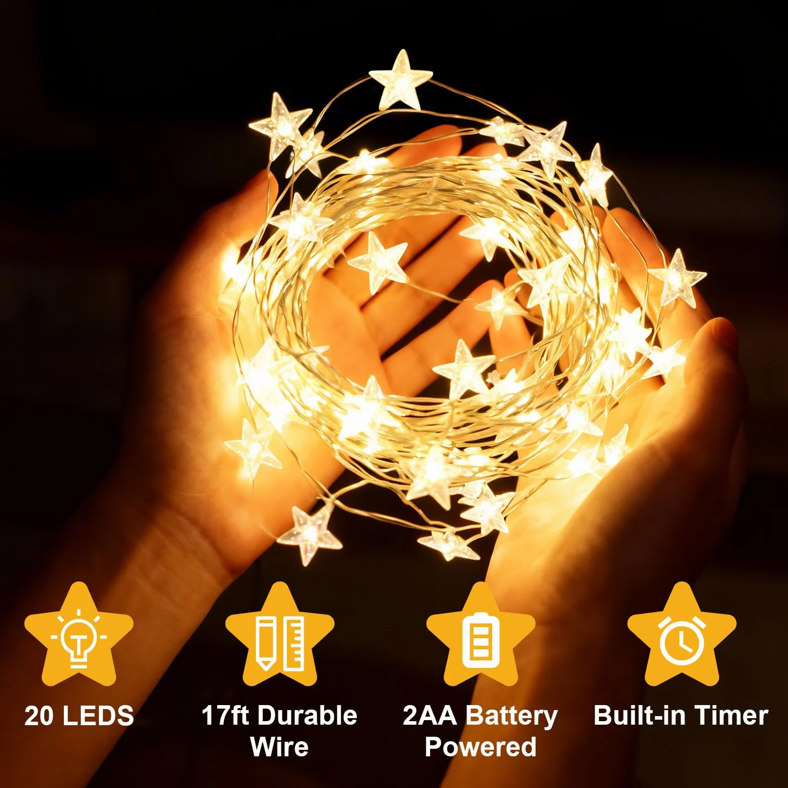 Guirnalda de luces LED estrella 2m 20 LED a pilas IP65 alambre plateado