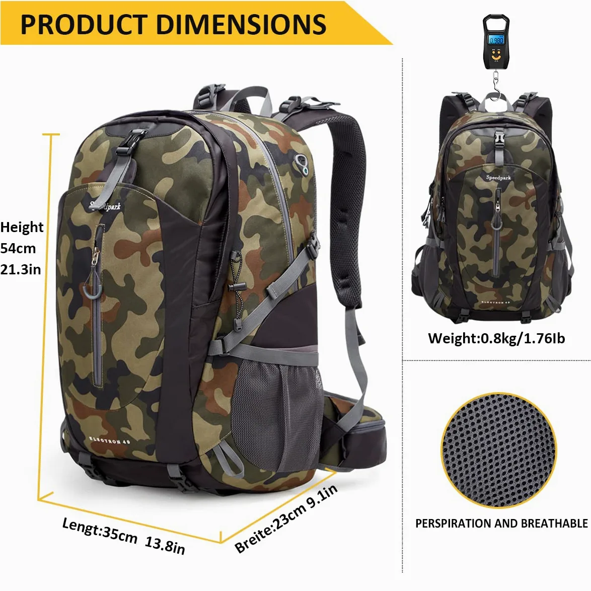 SPEEDPARK Mochila de senderismo de 40 litros, impermeable, con cubierta de lluvia, trekking, mochilas de viaje para hombres y mujeres, Camo, 40L, senderismo al aire libre, Camo, 40, Senderismo al aire